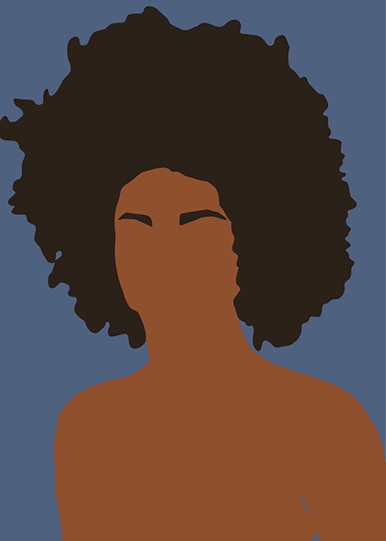 Samantha Viotty Figurative Print – Girl Puff- Digitale Illustration einer schwarzen / braunen Frau / Figur / Königin in Blau