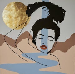 Cleanse - My Precarious Queendom - Surreal Black Figurative Painting w Gold Leaf