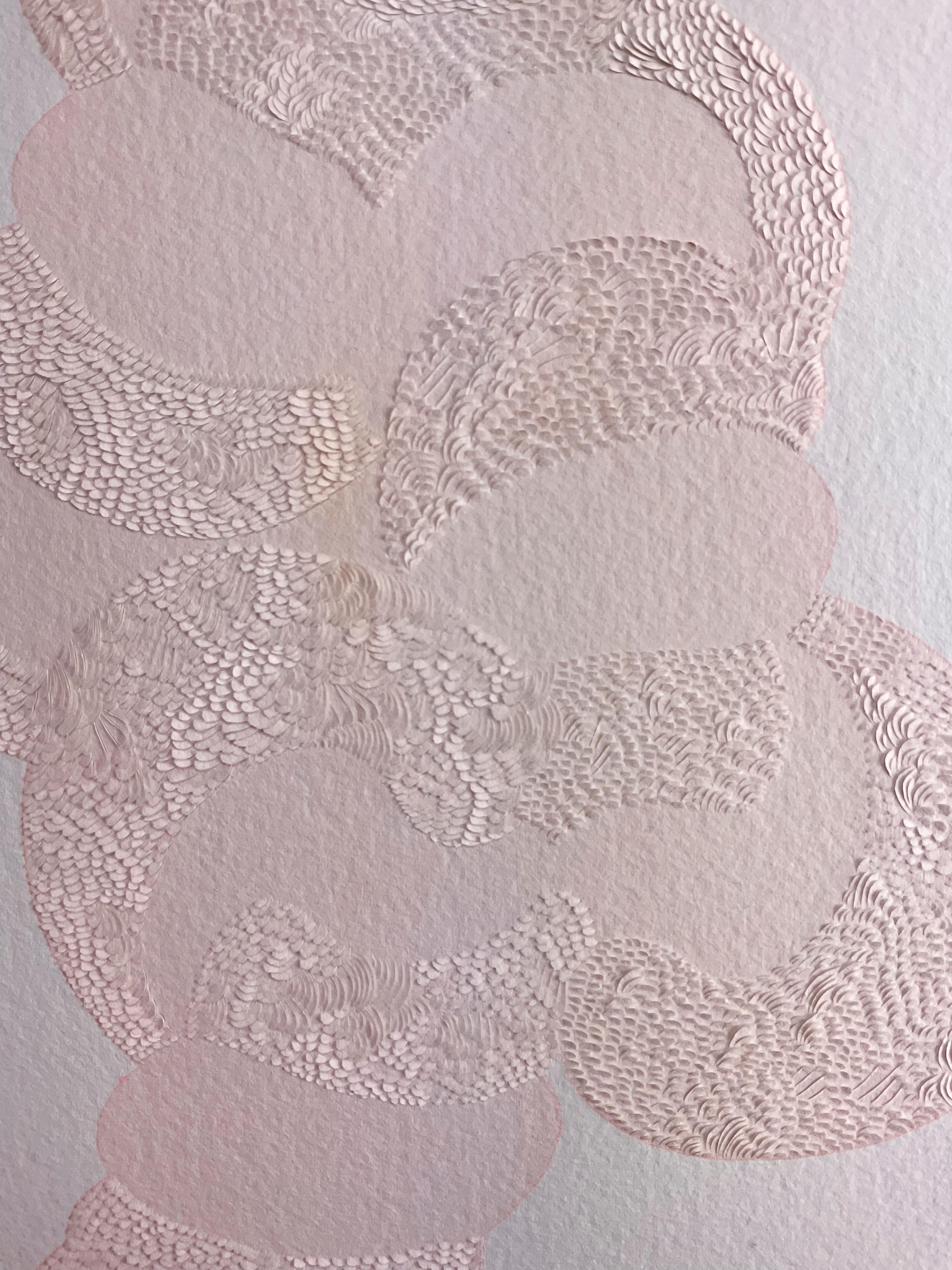 Knife Drawing III - Manipulated Textured Paper with Stunning Detail (Pink) - Gray Abstract Drawing by Lucha Rodriguez