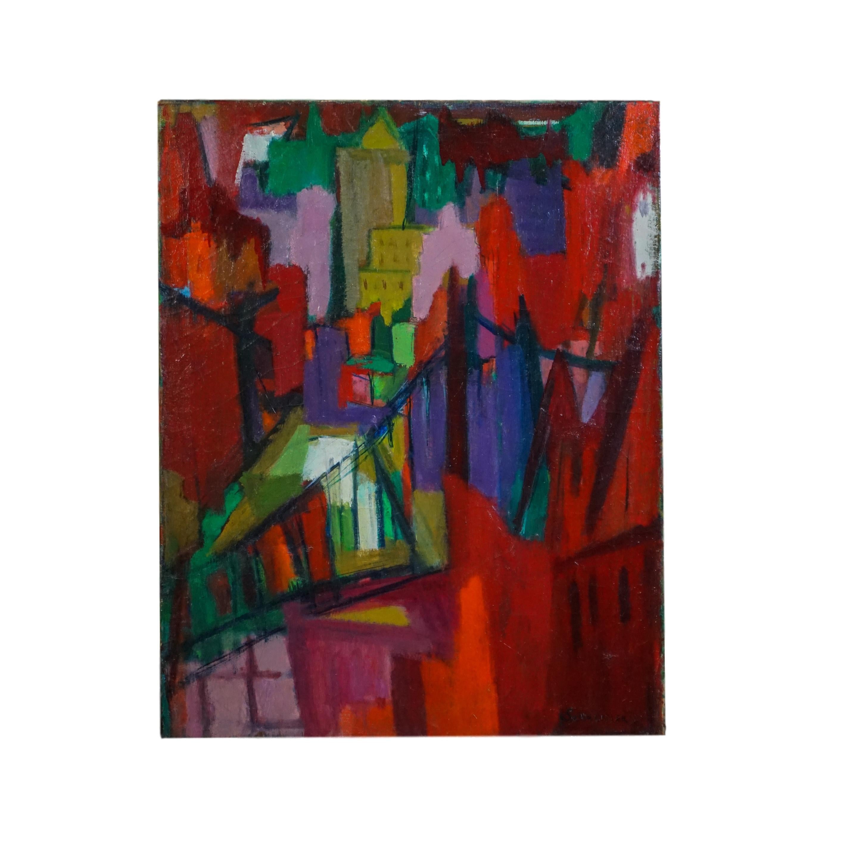 Blanche Schmeidler Landscape Painting - Female Modernist New York City Skyline MANHATTAN BRIDGE Abstract Oil Painting