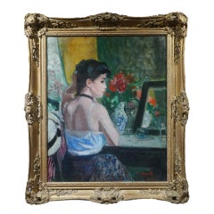 Large French Impressionist Semi Nude Lady with Black choker in Boudoir