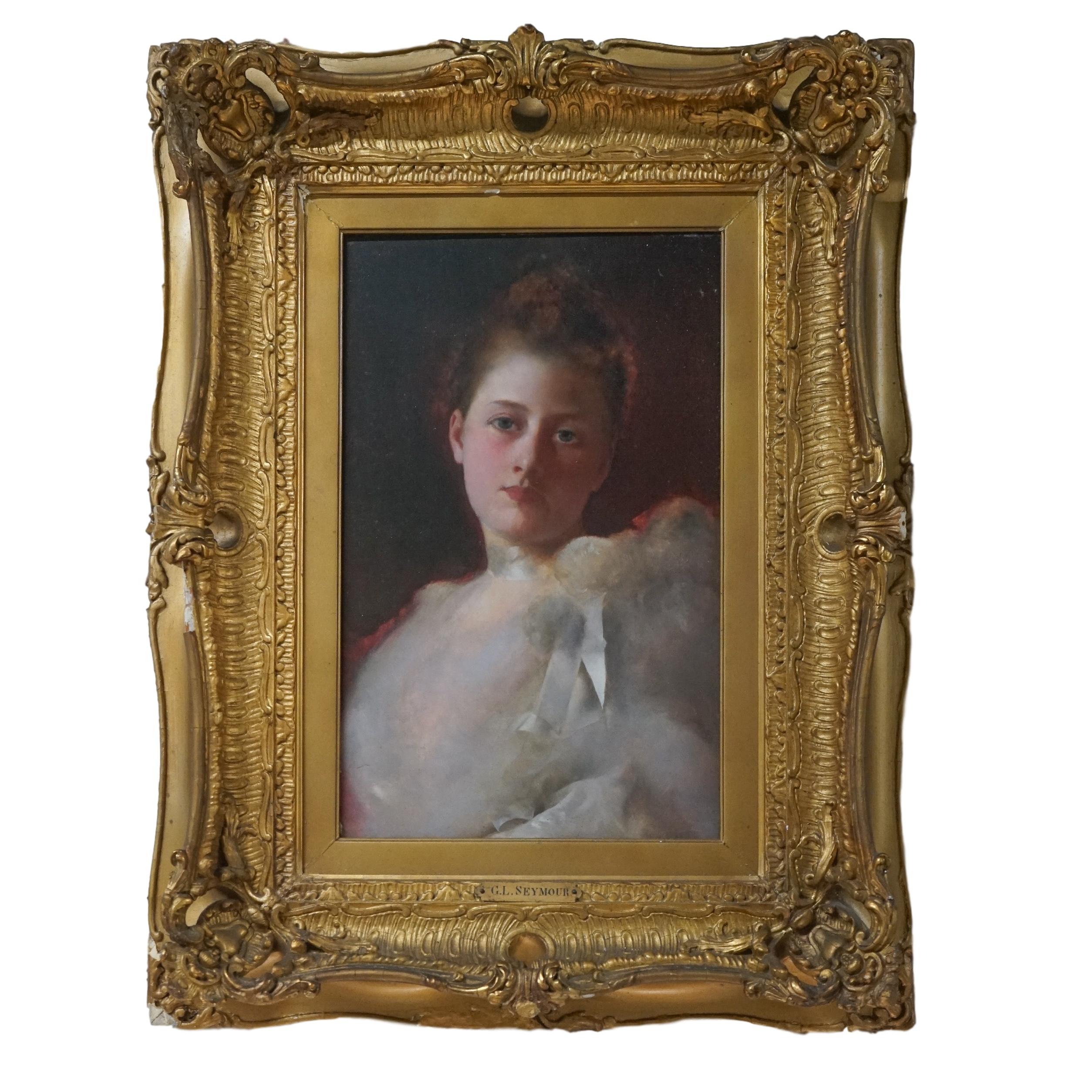 Portrait Painting George Seymour - Portrait réaliste impressionniste du 19ème siècle d'une femme avec un ruban blanc