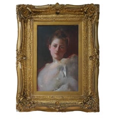 Portrait réaliste impressionniste du 19ème siècle d'une femme avec un ruban blanc