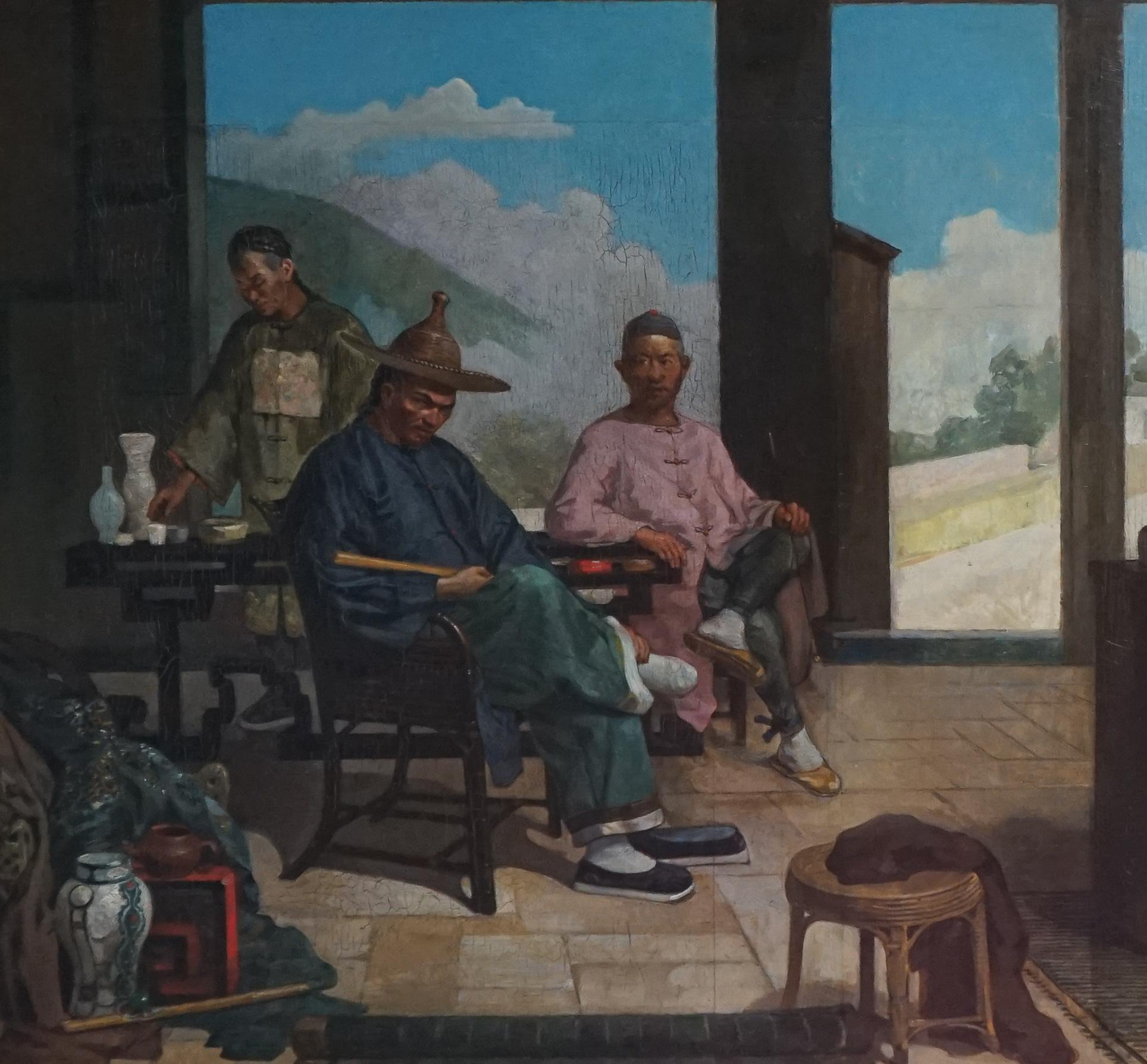 Antique Chinoiserie Chinese China Trade Painting of Men Trading Porcelain - Brown Figurative Painting by Theodore Didier Delamare