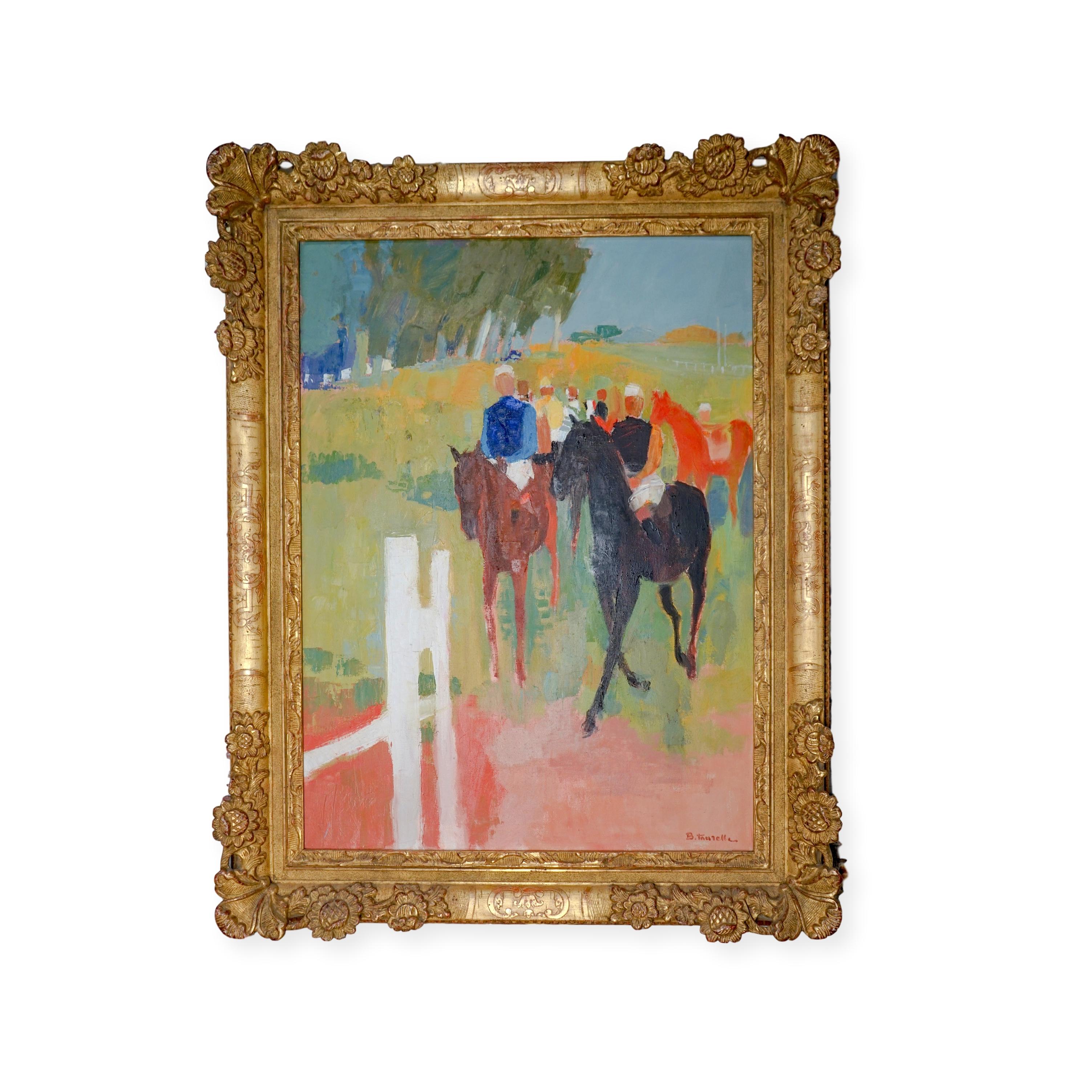 Bernard Taurelle Animal Painting - Modernist Jockey Riding Horses in Paddock