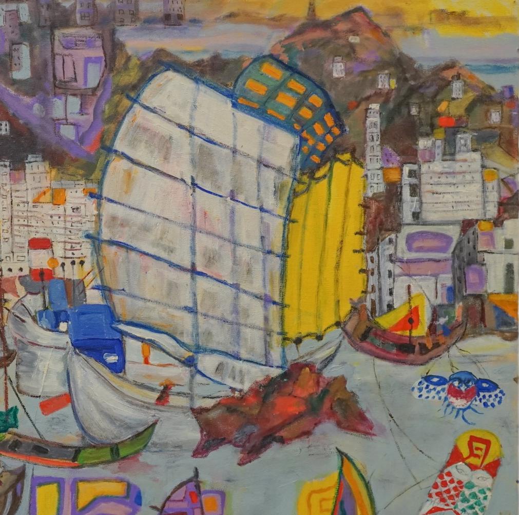 Fauvist Fantasy Hong Kong Harbor - Painting by Mary polon