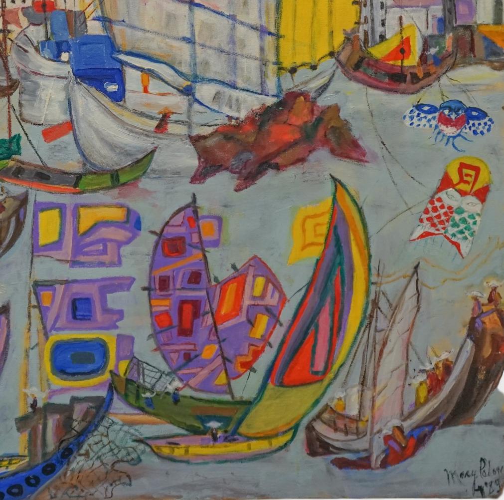 Fantasy Hong Kong Harbor painting by Mary Polon (1917-2013).  Mary Dies after Hurricane Sandy in Connecticut who left over 100 painting.  Oil on canvas, dated 1989.  Signed lower right.  Image size is 31x30 inches

Note: Mary Polon discovered her