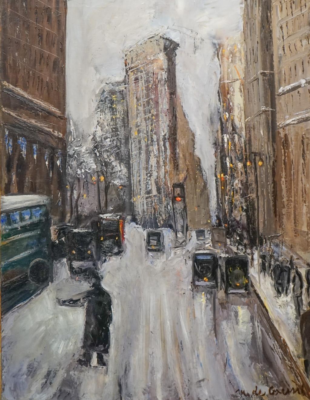 Inverno anni '30  Scena di strada di NYC modernista americana in ferro piatto - Painting Impressionismo americano di Margit de Corini