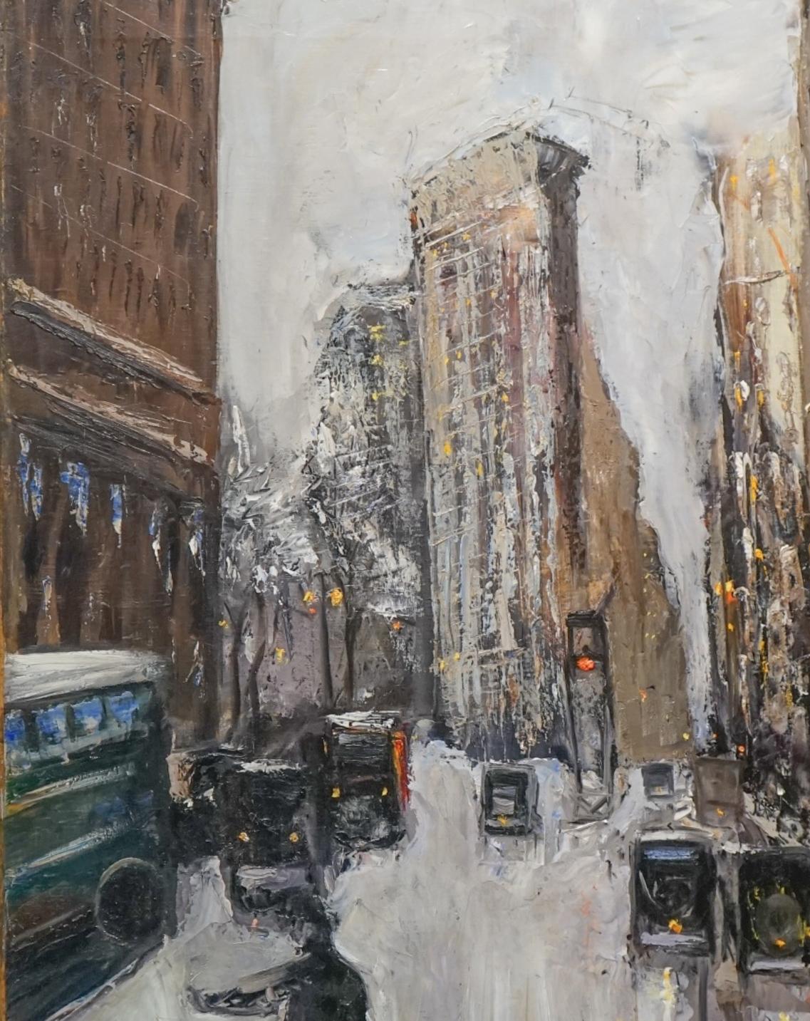 1930's Wintry  American Modernist Flat Iron NYC street scene  - American Impressionist Painting by Margit de Corini