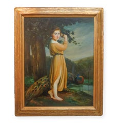 Grand et rare grand tableau Art Nouveau Jeune fille avec paon