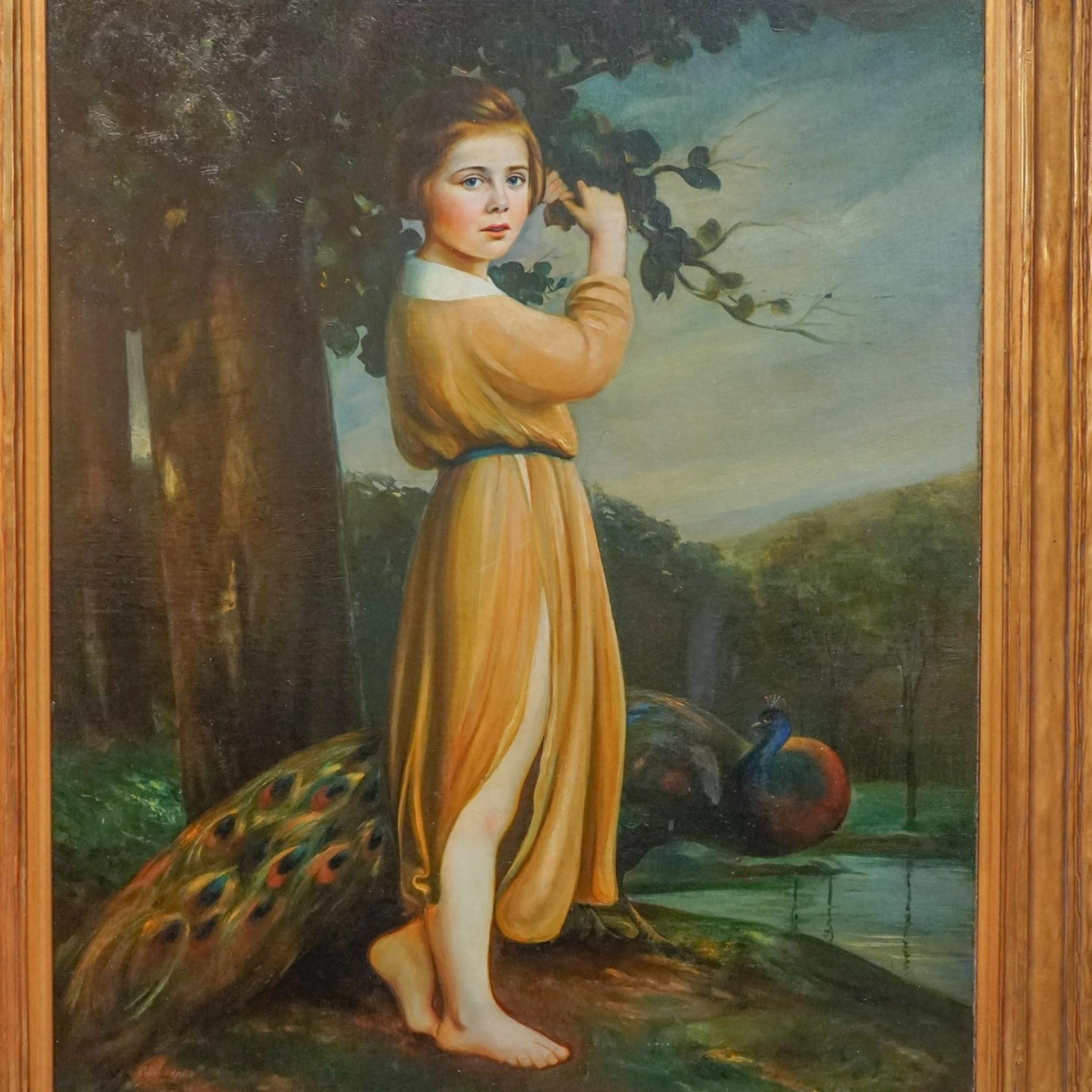 Rare Large Art Nouveau Young Girl with Peacock - Painting by Elias Delman