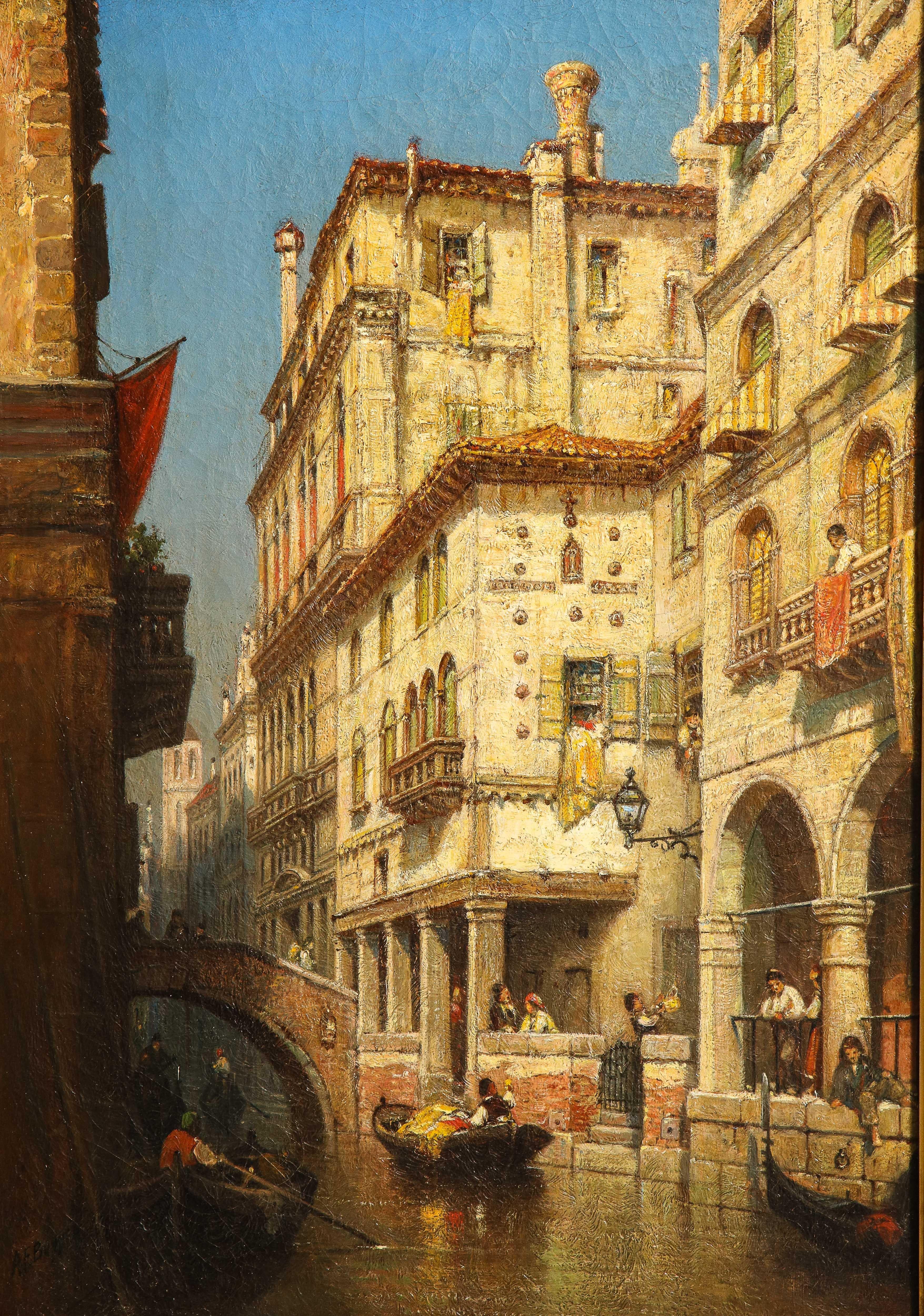 Andrew bunner Figurative Painting - American Italian impressionist Venetian Canal, Figure w/ Canoe, Gilded Frame