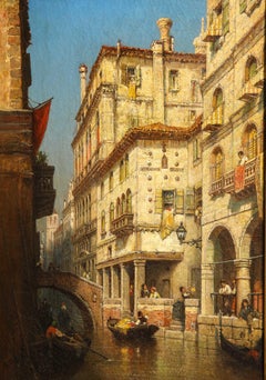 American Italian impressionist Venetian Canal, Figure w/ Canoe, Gilded Frame