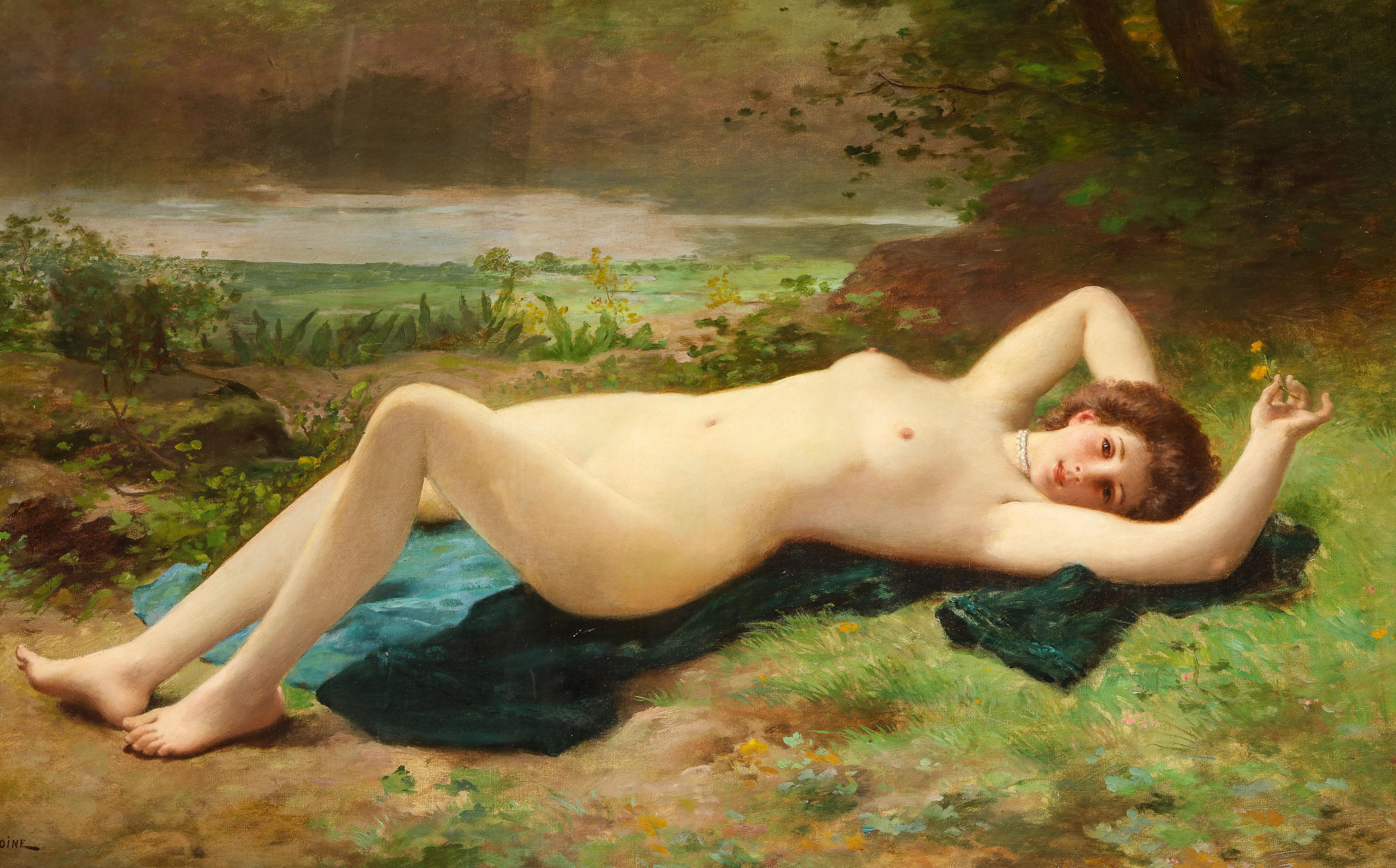 Jules Frederic Ballavoine Nude Painting - Large BELLE EPOQUE French Impressionist Academic SENSUAL NUDE w/ Pearl Choker