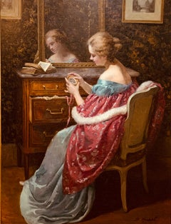 Robe impressionniste grandeur nature en fourrure de satin avec épaules dénudées « Femme impressionniste au boudoir », années 1890