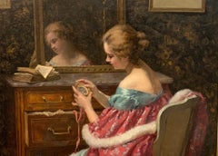 1890s Life Size Impressionist Woman at Boudoir W/ off Shoulder Satin Fur Dress