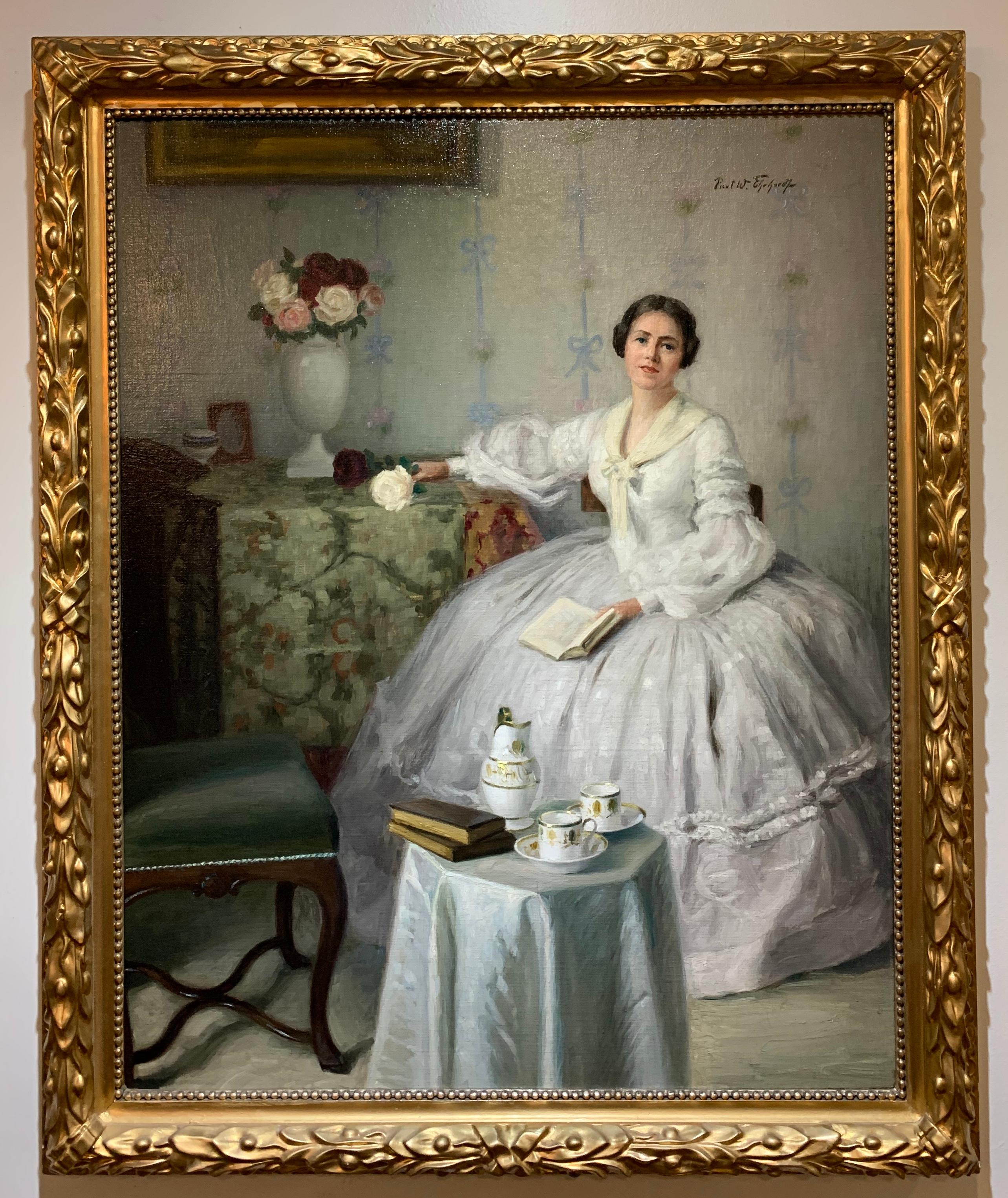 Paul Ehrhardt Portrait Painting - Antique Impressionist Oil Painting of a Woman in a White Dress w/ Roses