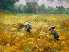 Signed Frits Ohl 1970s Indonesian Rice Harvest Impressionist Oil Painting