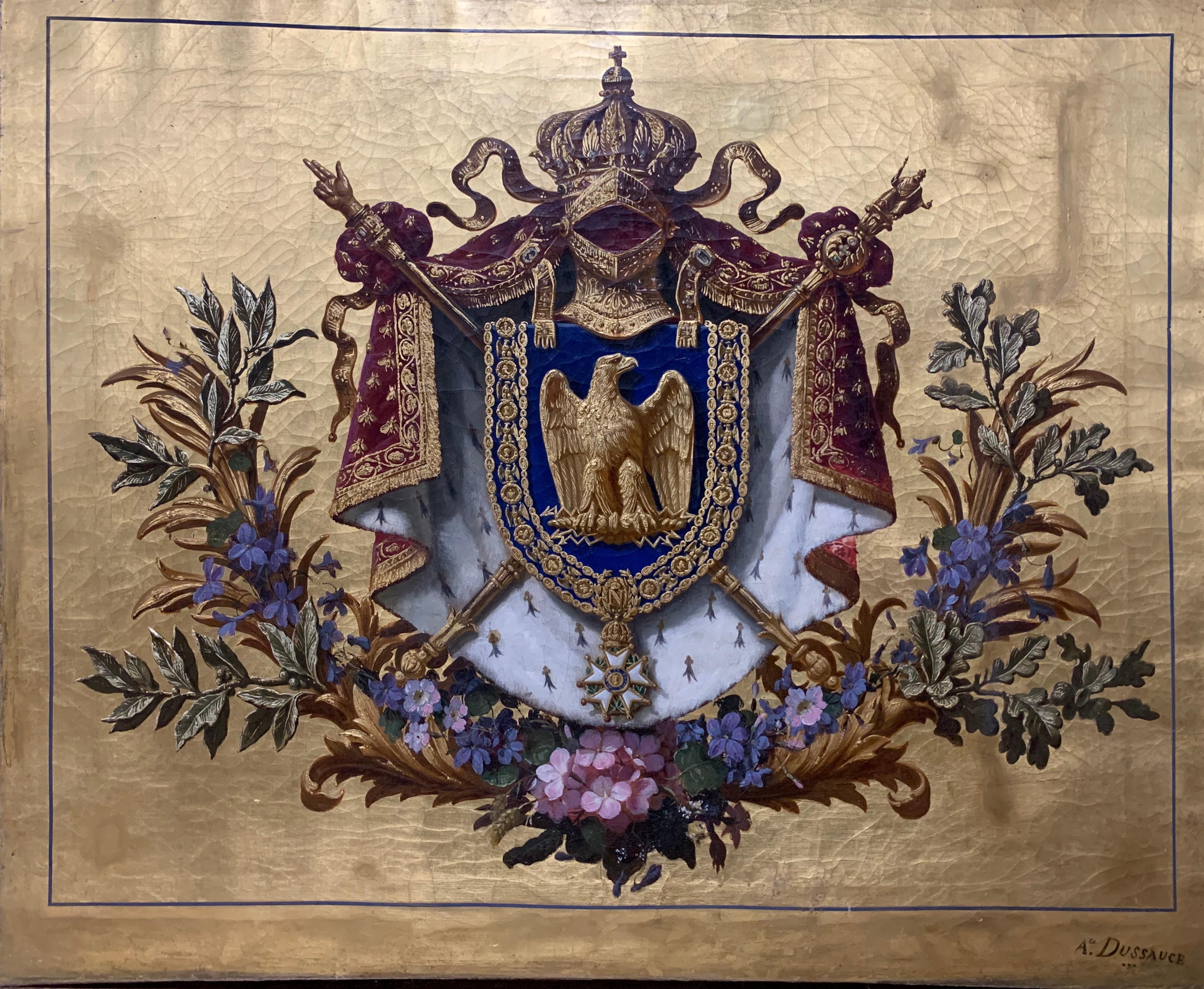 Auguste Dussauce Still-Life Painting - Napolean III French Coat of Arms with Gold Resin Oil Painting 