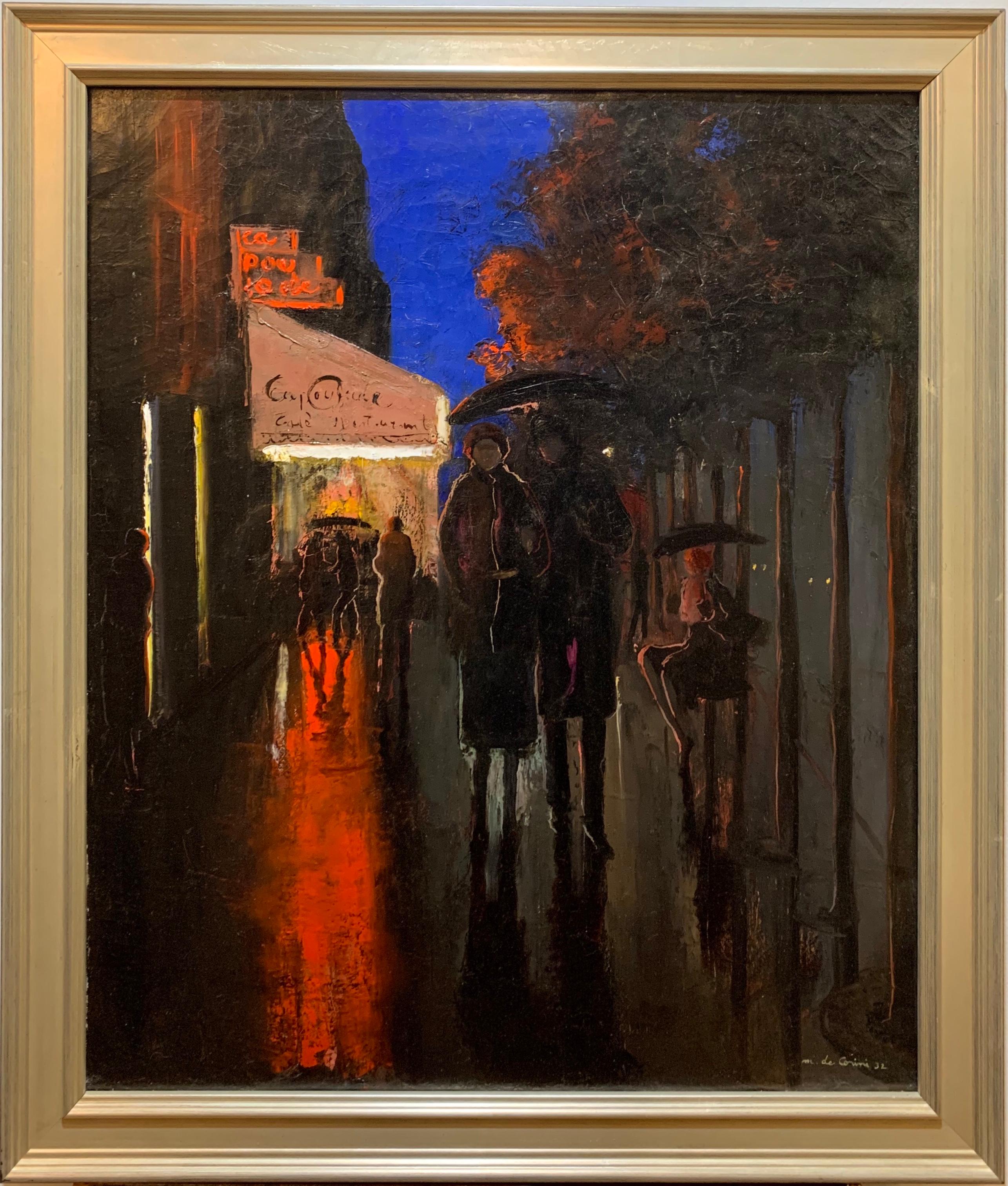 Artiste féminine américaine née en Hongrie, Margaret  De Corini (1897-1982) est connue pour ses magnifiques peintures de style impressionniste et ce tableau est le meilleur exemple de son travail. 
Le tableau représente une rue parisienne avec des