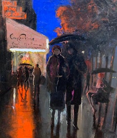 Margaret De Corini American Antique Nocturnal Parisian Street Scene Painting