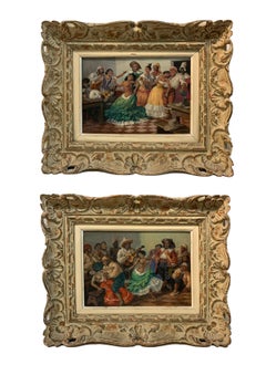 Vintage A Pair of Signed Gustave Alaux Caribbean Cabaret Dancers in Bar Room Paintings