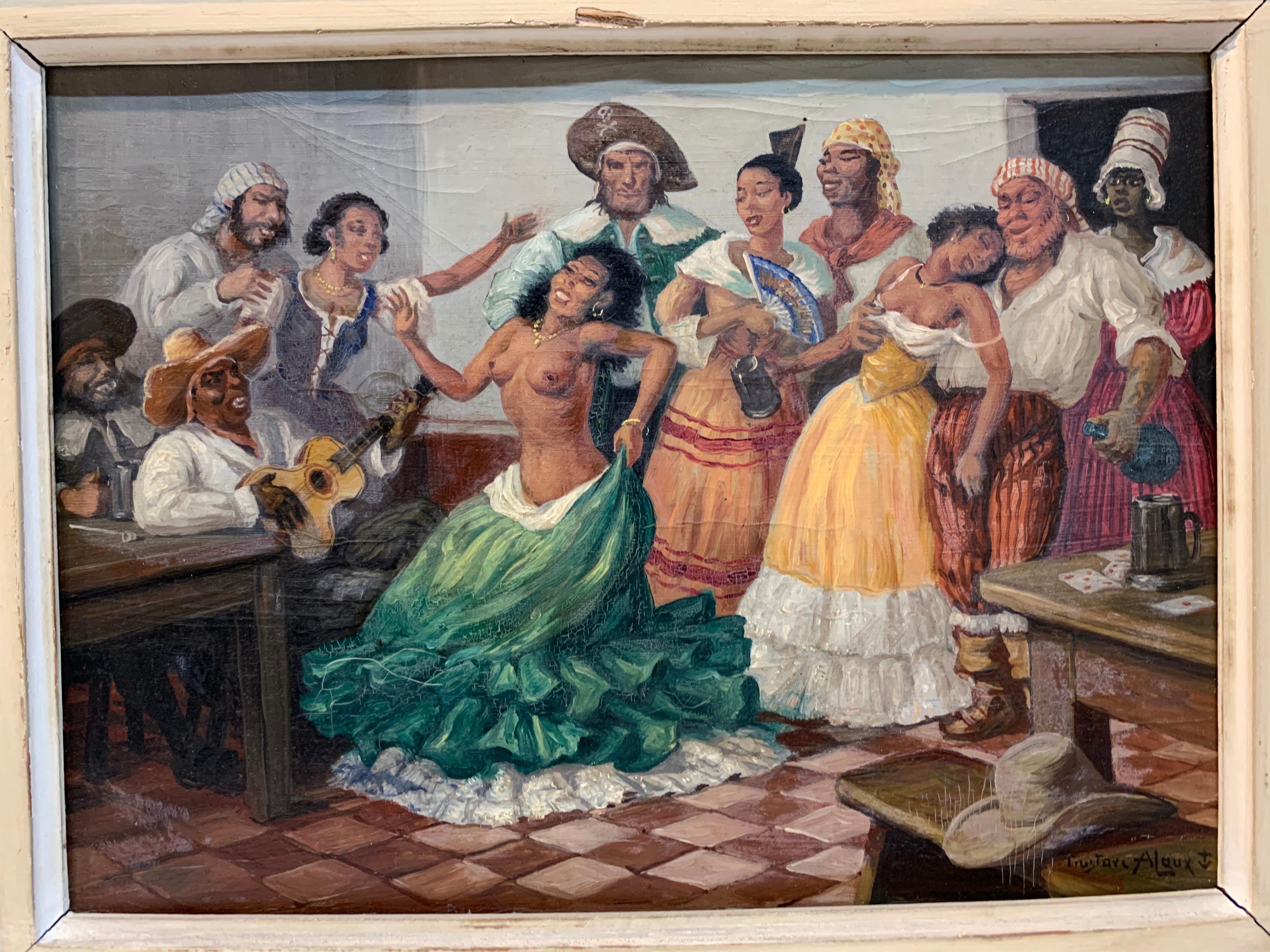 A Pair of Signed Gustave Alaux Caribbean Cabaret Dancers in Bar Room Paintings 2