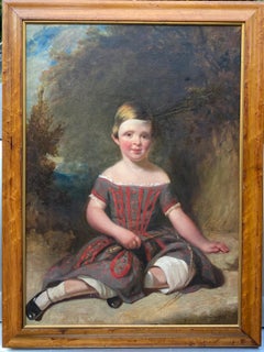 19th century English Folk Art Portrait of Young Girl in Red