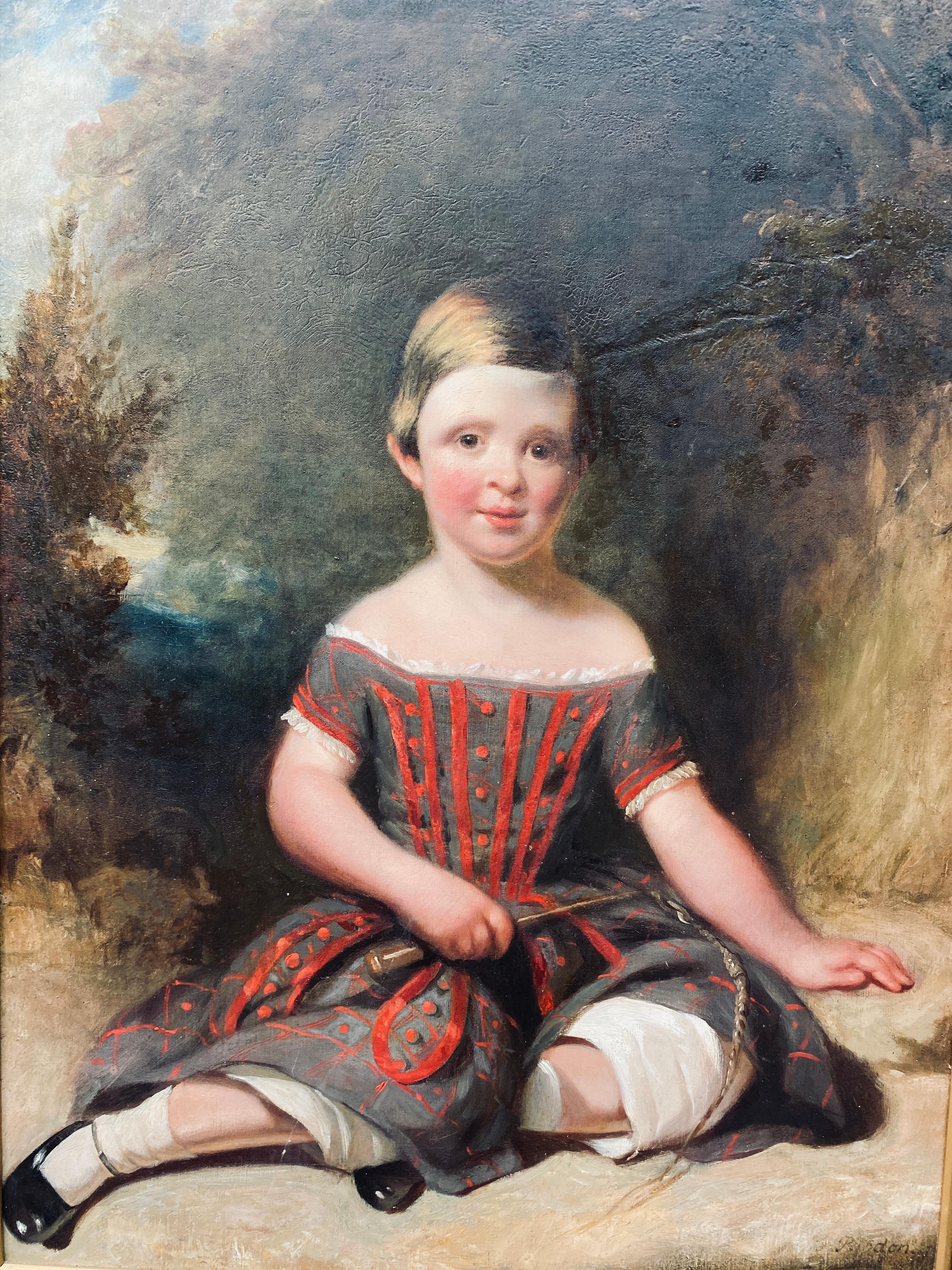 19th century English Folk Art Portrait of Young Girl in Red - Painting by James Pardon