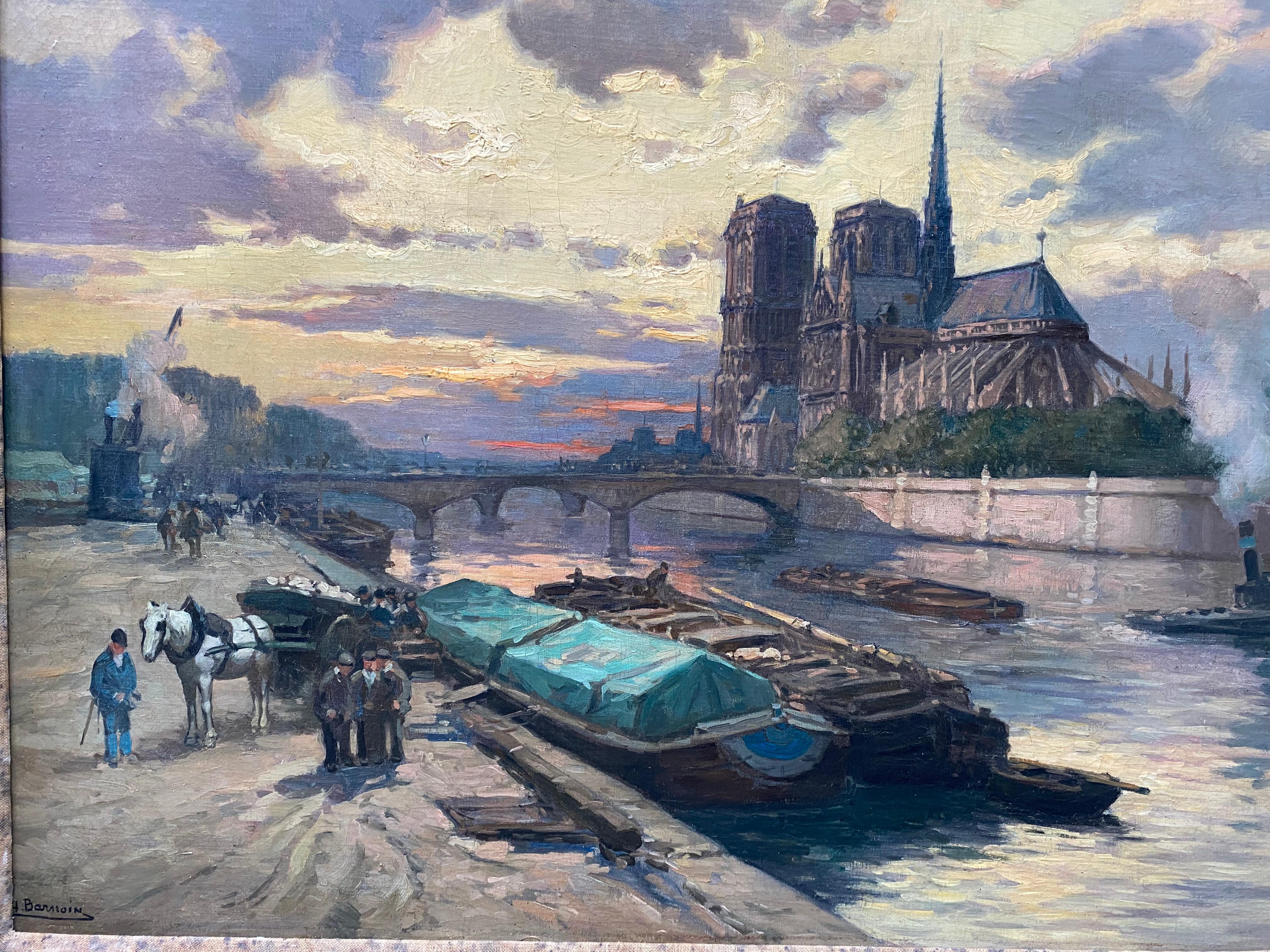 French Impressionist The Seine River Overlooking Notre Dame  - Painting by Henri Barnoin
