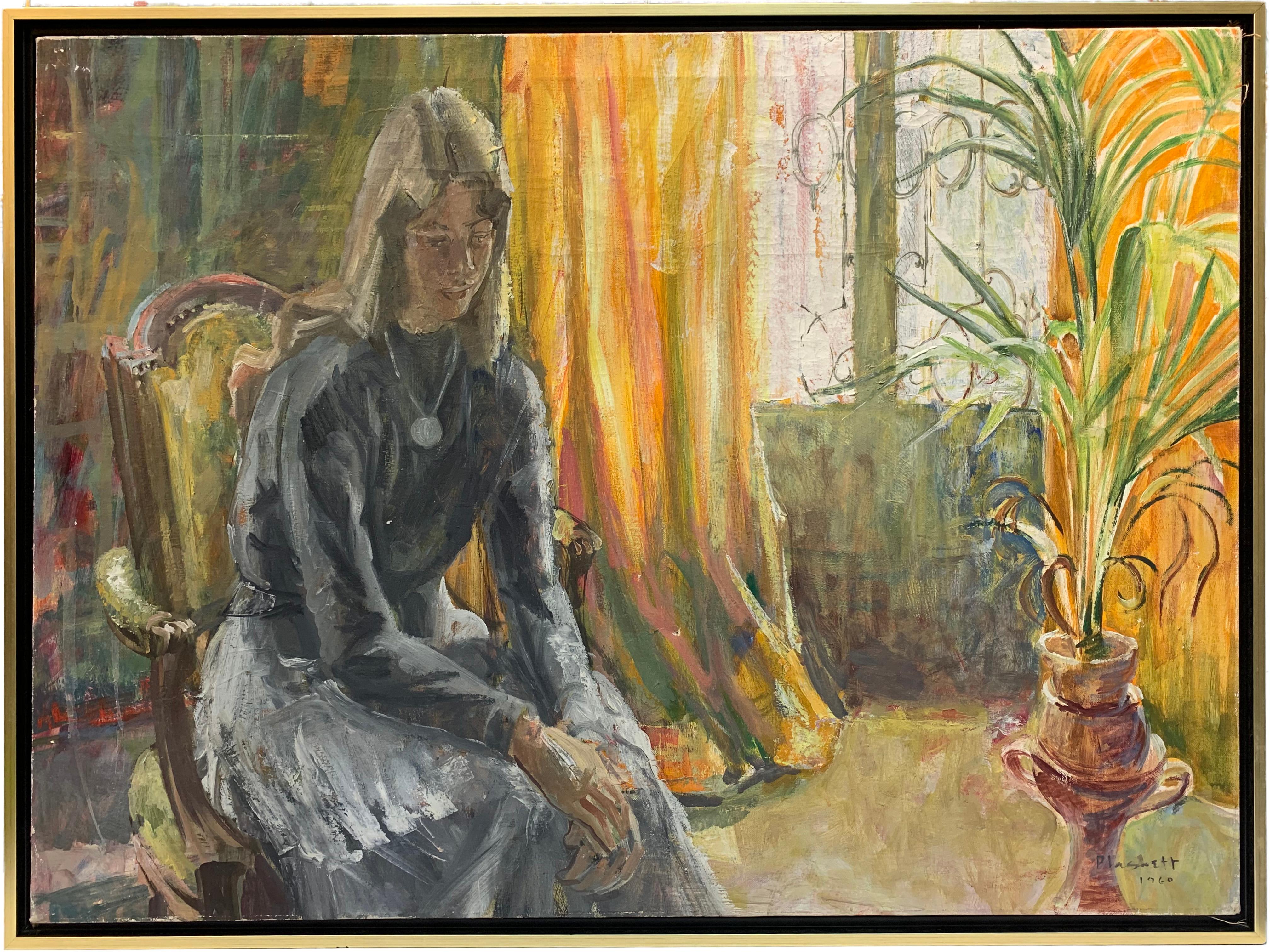 Portrait Painting Joseph Plaskett - Portrait impressionniste moderne d'une femme dans un intérieur avec une plante
