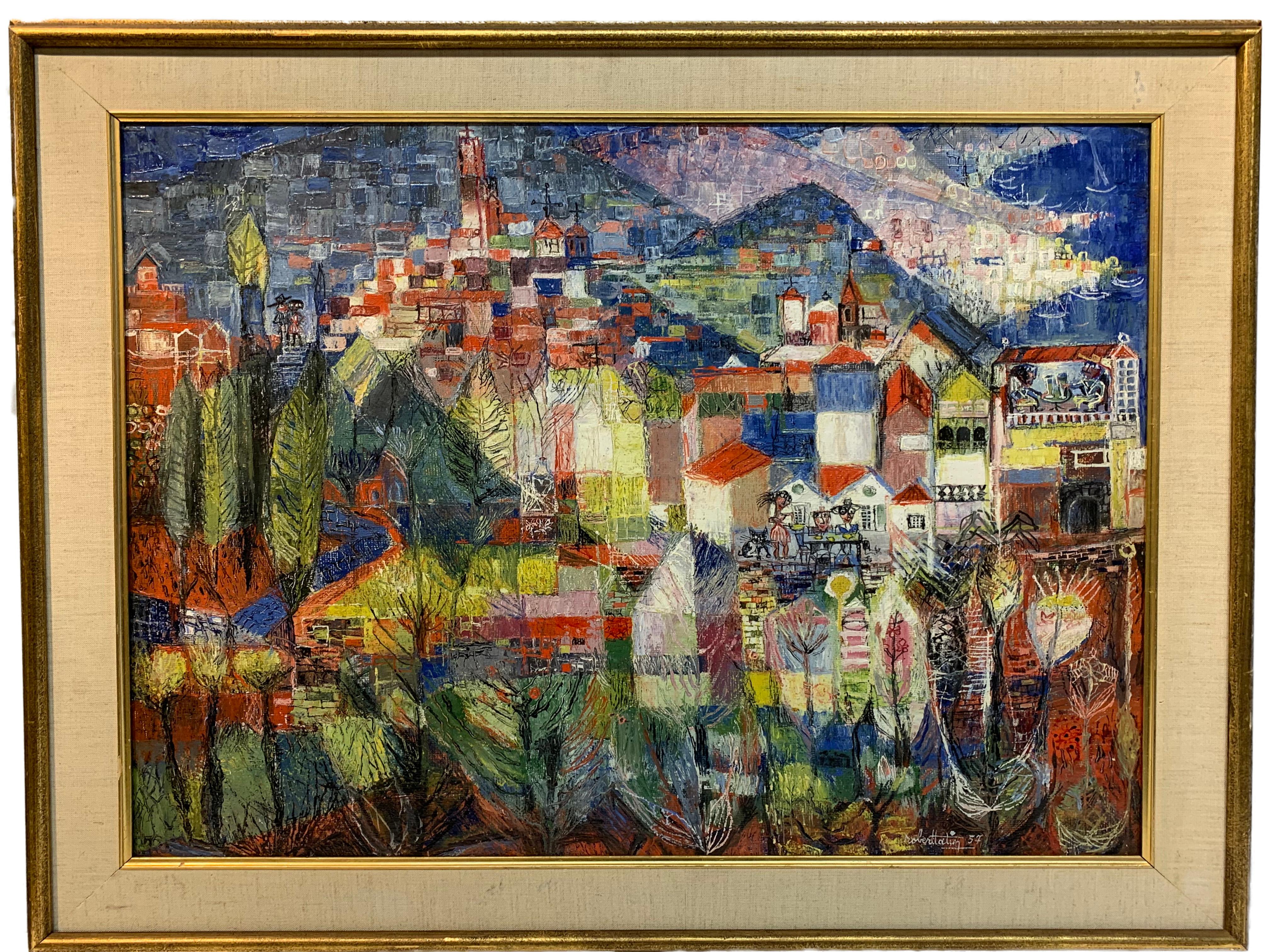 Robert Tatin Landscape Painting - Eccentric Colorful Painting of a Town by the Mountains 
