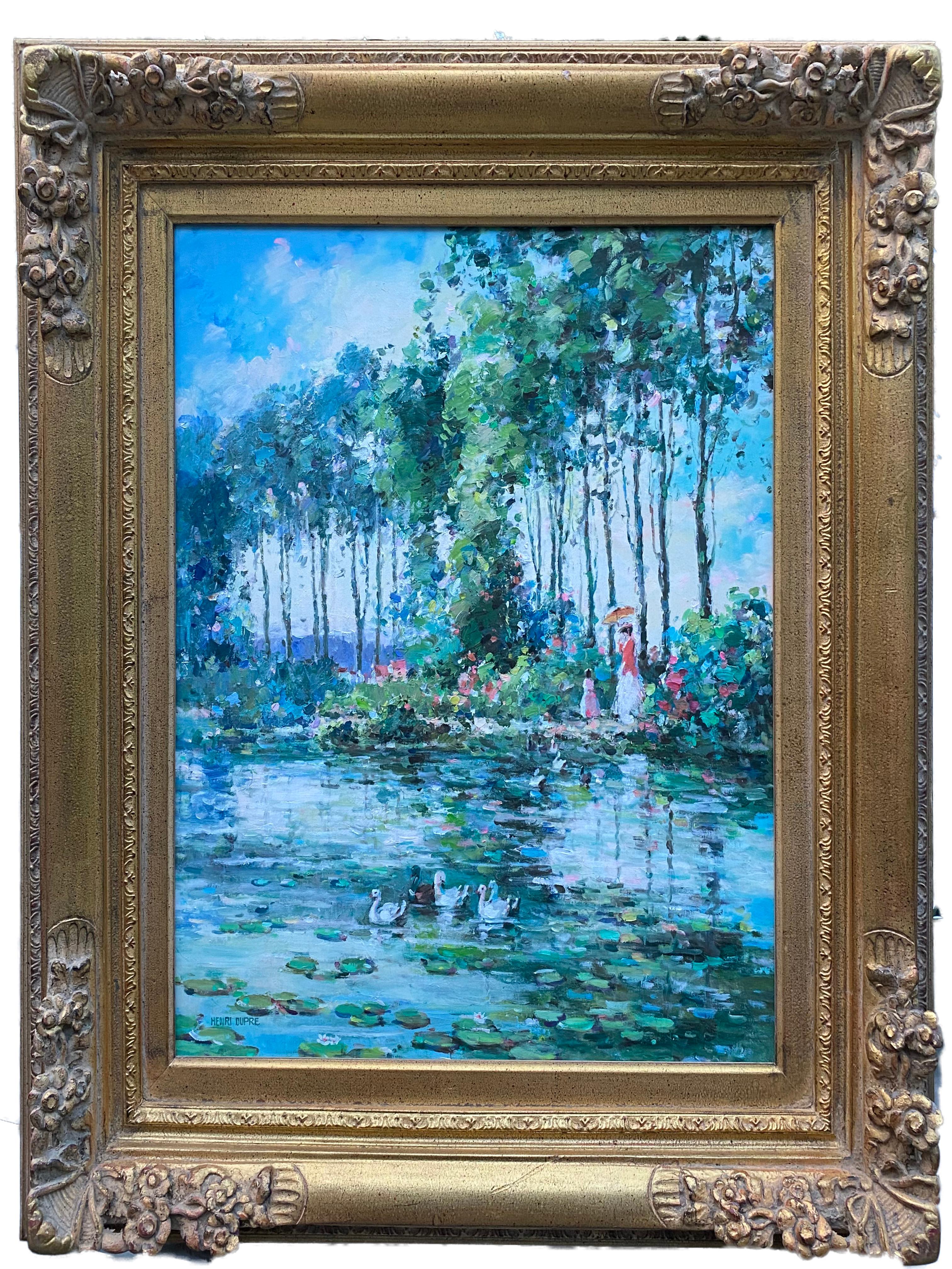 Henri Dupre Landscape Painting - French Impressionist Lake Scene Woman w/ Parasol Landscape