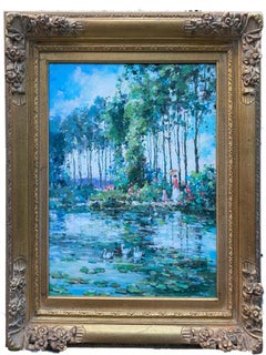 French Impressionist Lake Scene Woman w/ Parasol Landscape