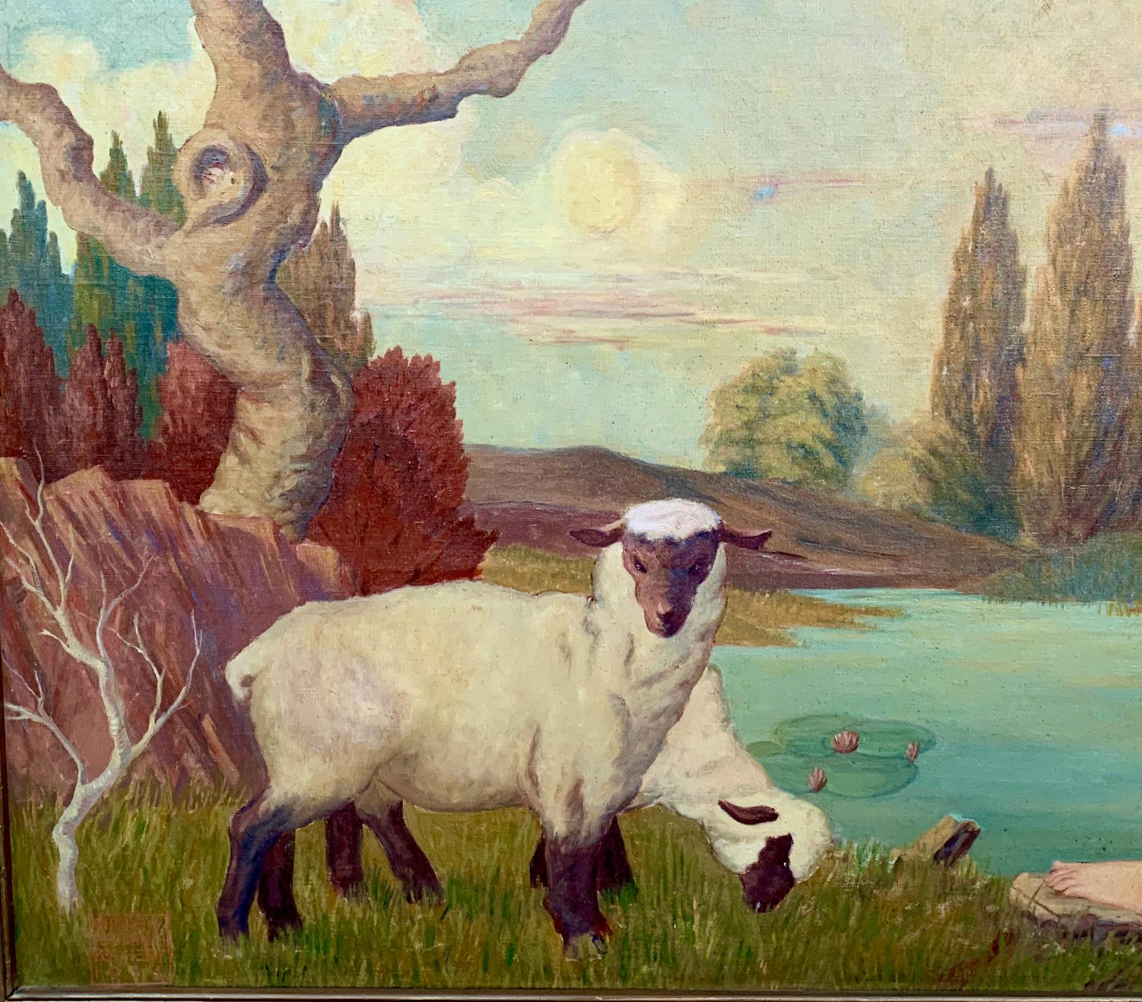 American Art Deco Mural Sensual Red Head Nude Woman in a Landscape with Sheep - Art Nouveau Painting by Andrew Benjamin Kennedy