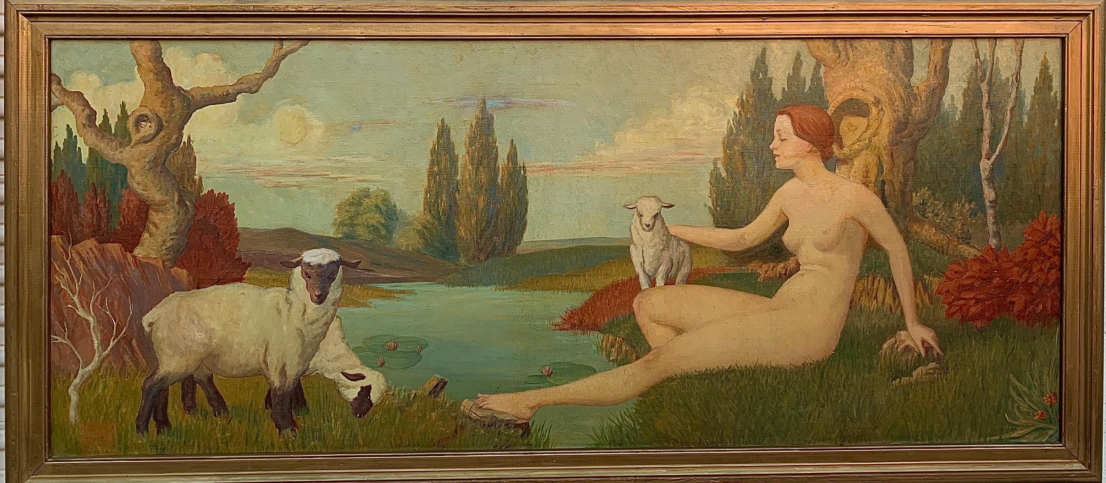 American Art Deco Mural Sensual Red Head Nude Woman in a Landscape with Sheep - Painting by Andrew Benjamin Kennedy