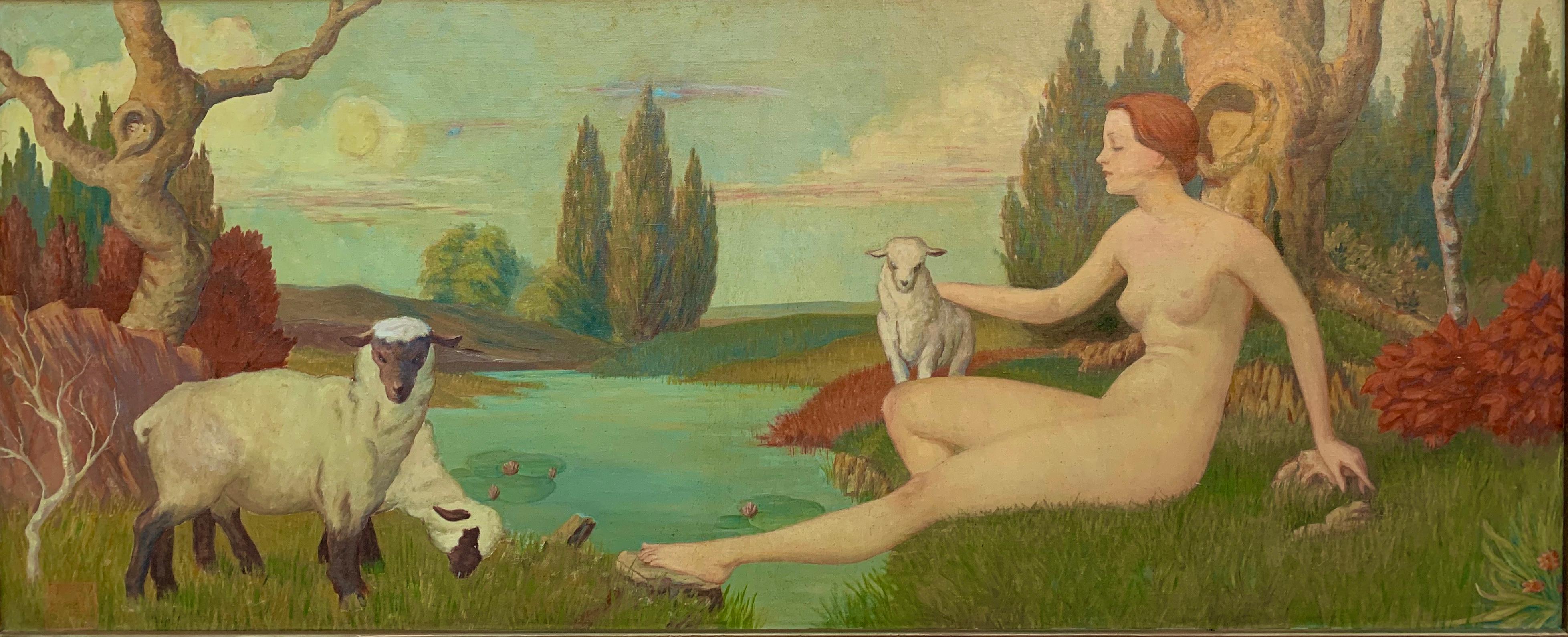 Andrew Benjamin Kennedy Portrait Painting - American Art Deco Mural Sensual Red Head Nude Woman in a Landscape with Sheep