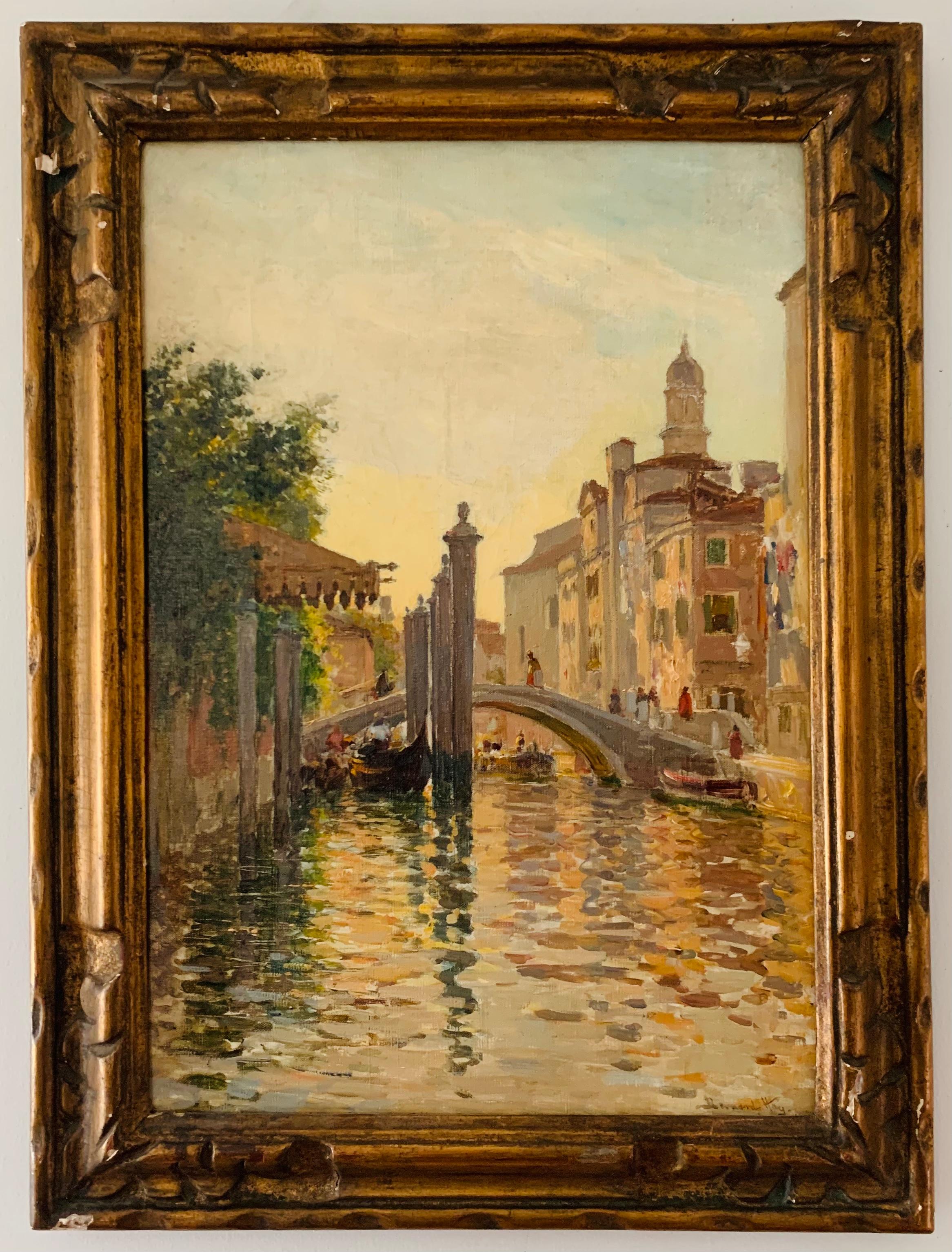 Bernard Hay Landscape Painting – Italienische, impressionistische venezianische Leuchte, Szene aus dem venezianischen Grand Canal und der Gondola-Brückenbrücke 