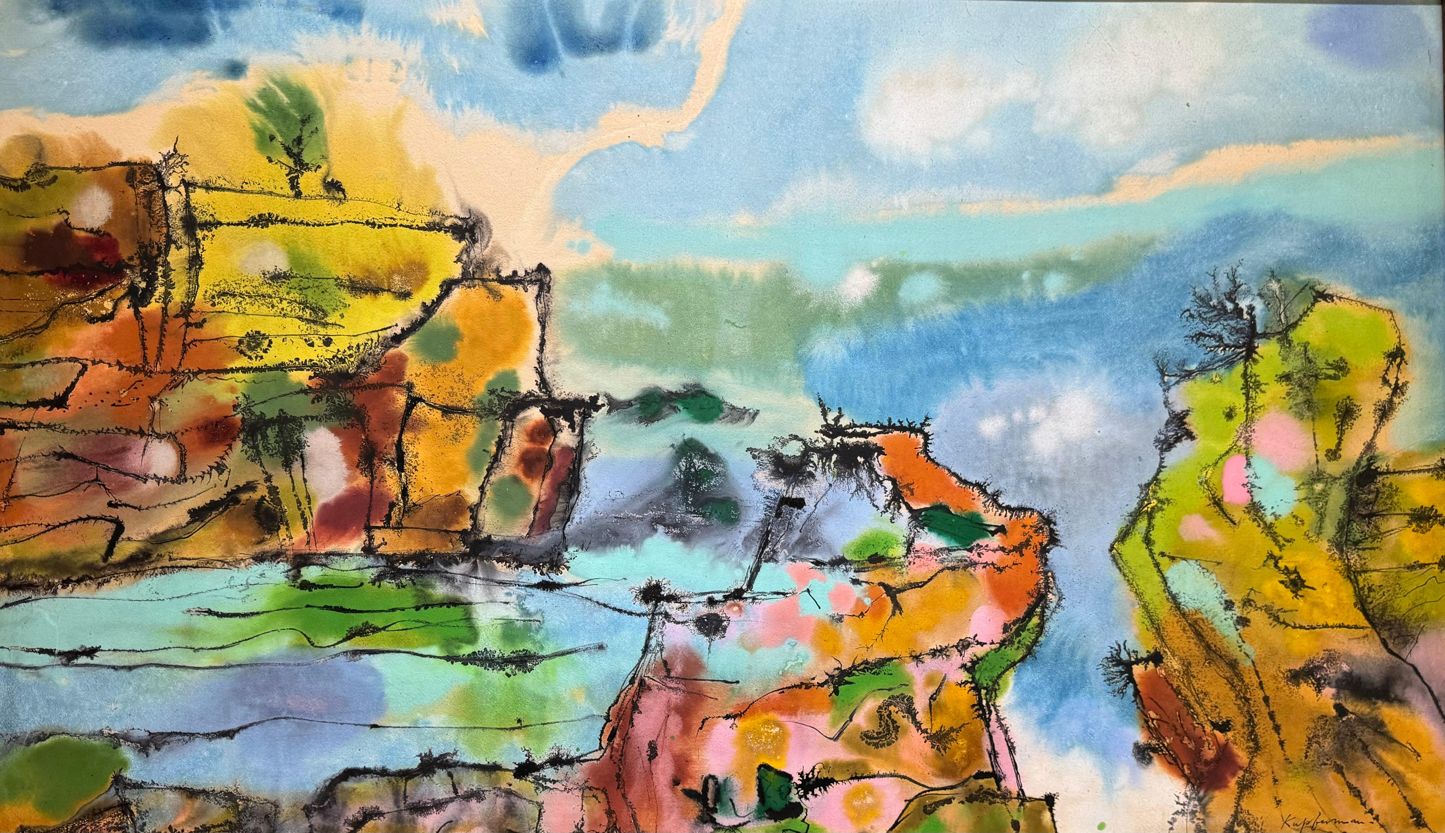 1967 KUPFERMAN Americano GRANDE Acquarello Espressionista Astratto - Art di Lawrence Kupferman