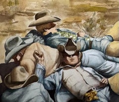 Besser Vintage American Realist Watercolor Gay Interest Reclining Cowboys