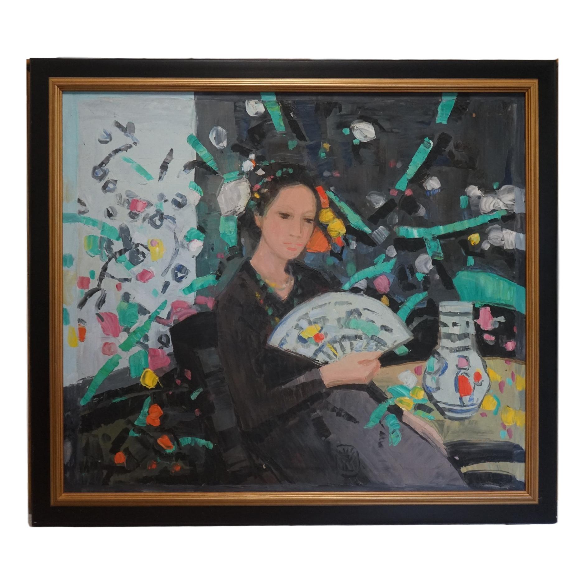 Chinese Women In An Interior Fanning  - Painting by Jen Peng