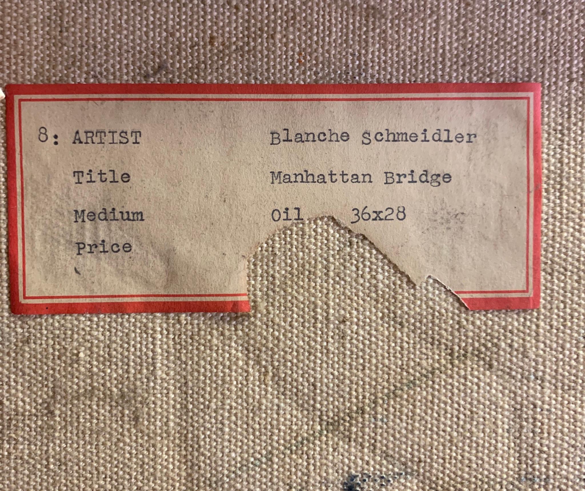 Die amerikanische abstrakt-modernistische Malerin Blanche Schmeidler (geb. 1915) zeigt eine Ansicht der Skyline von New York City mit der Manhattan Bridge... gemalt in den 1950er Jahren mit wunderbaren Farbpaletten in kräftigen Rottönen.  Gemälde