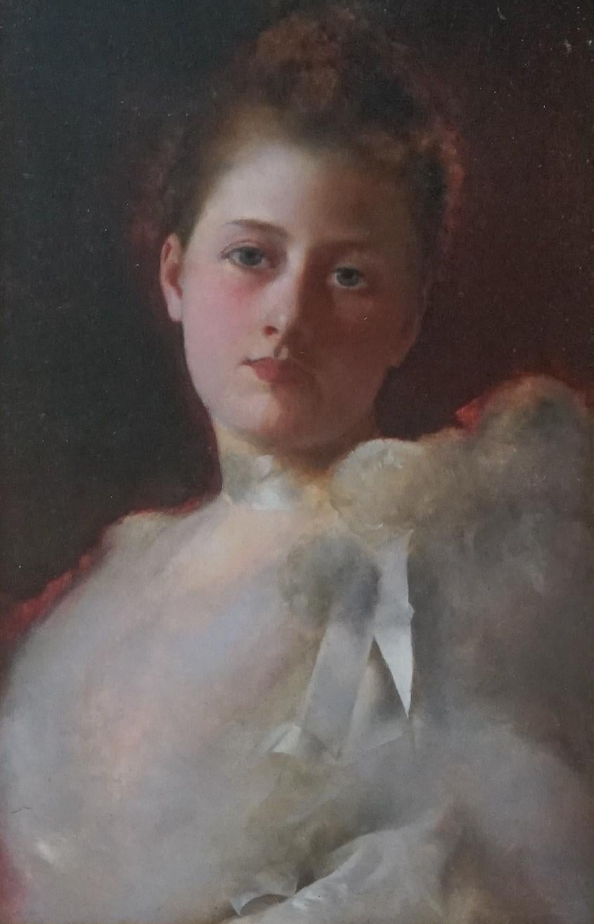 Portrait réaliste impressionniste du 19ème siècle d'une femme avec un ruban blanc - Painting de George Seymour
