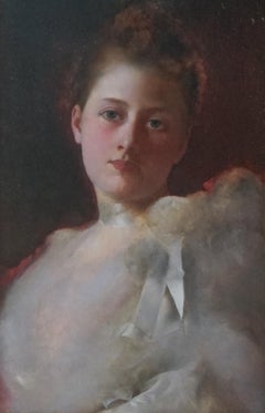 19th Century Impressionist Realist Portrait of a Woman w/ White Ribbon