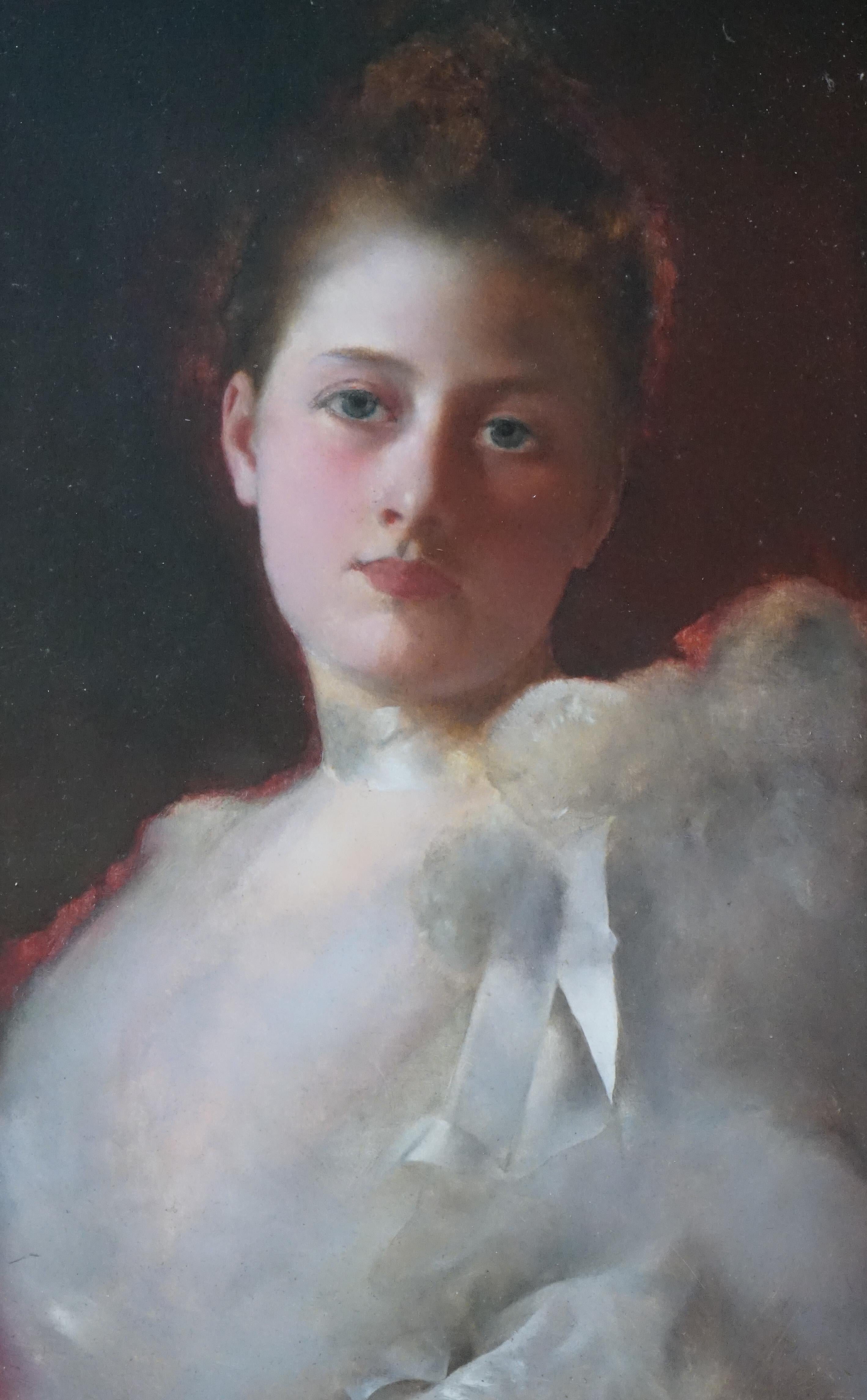 Portrait réaliste impressionniste du 19ème siècle d'une femme avec un ruban blanc - Marron Portrait Painting par George Seymour