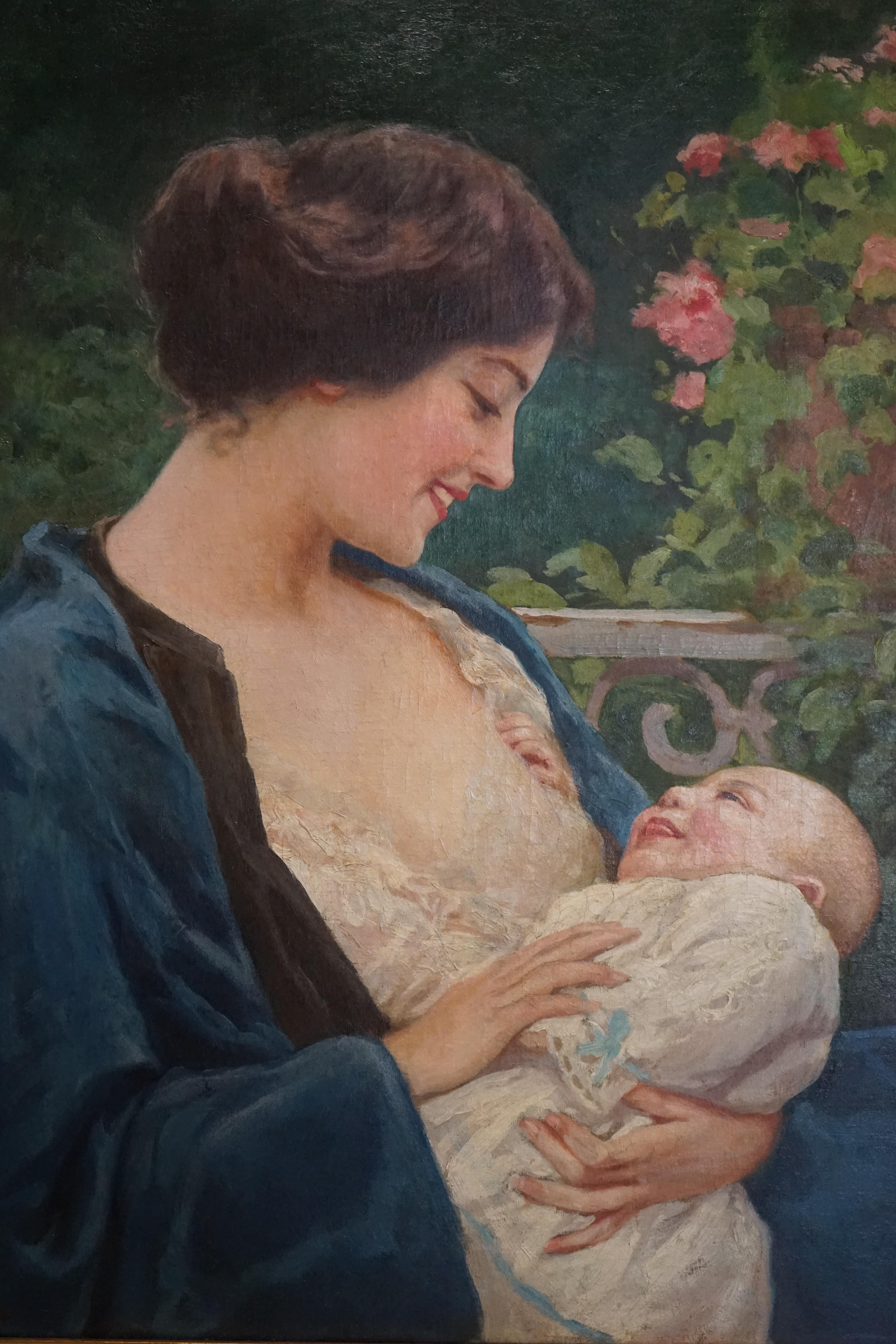 IMPRESIONISTA ITALIANO MADRE E HIJO EN EL JARDÍN - Painting Impresionista de Adolfo Belimbau