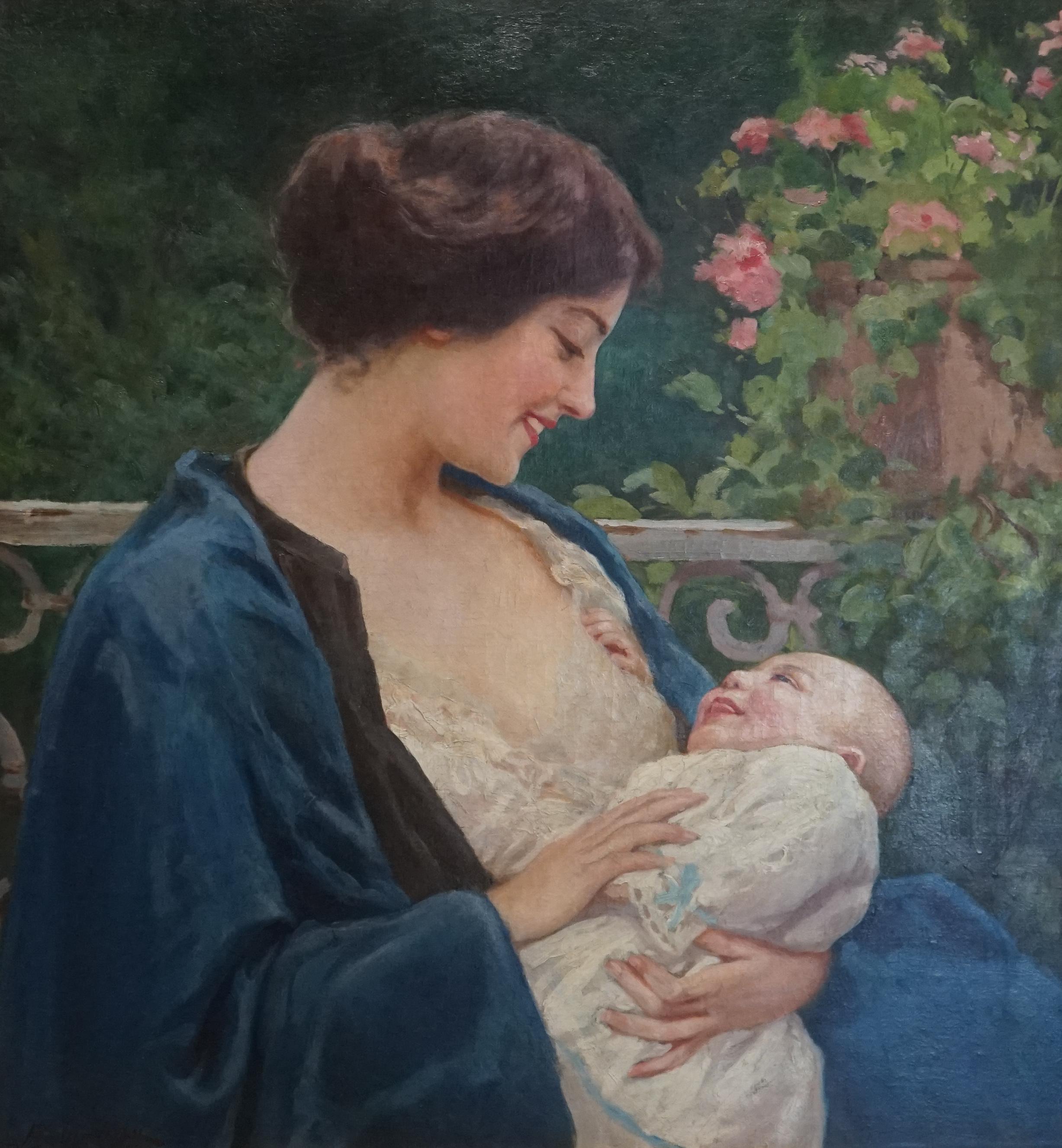 ITALIAN IMPRESSIONIST MOTHER & CHILD IN GARDEN – Painting von Adolfo Belimbau