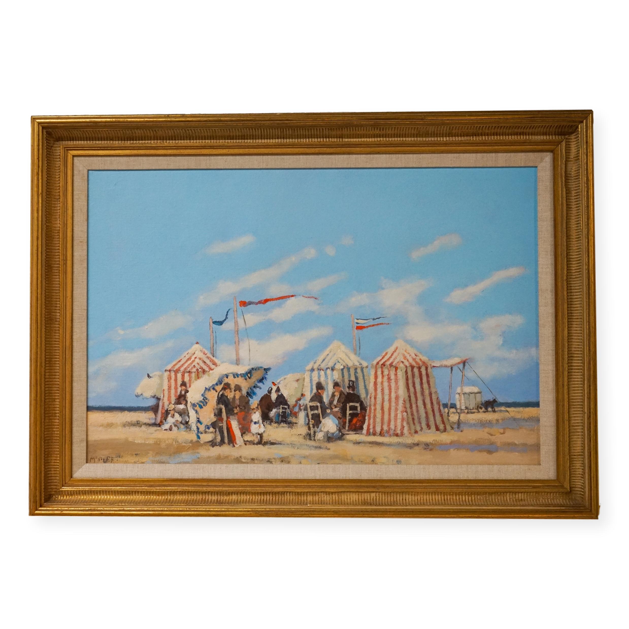 Frederick Mcduff Landscape Painting - Figures With Cabanas at the Beach