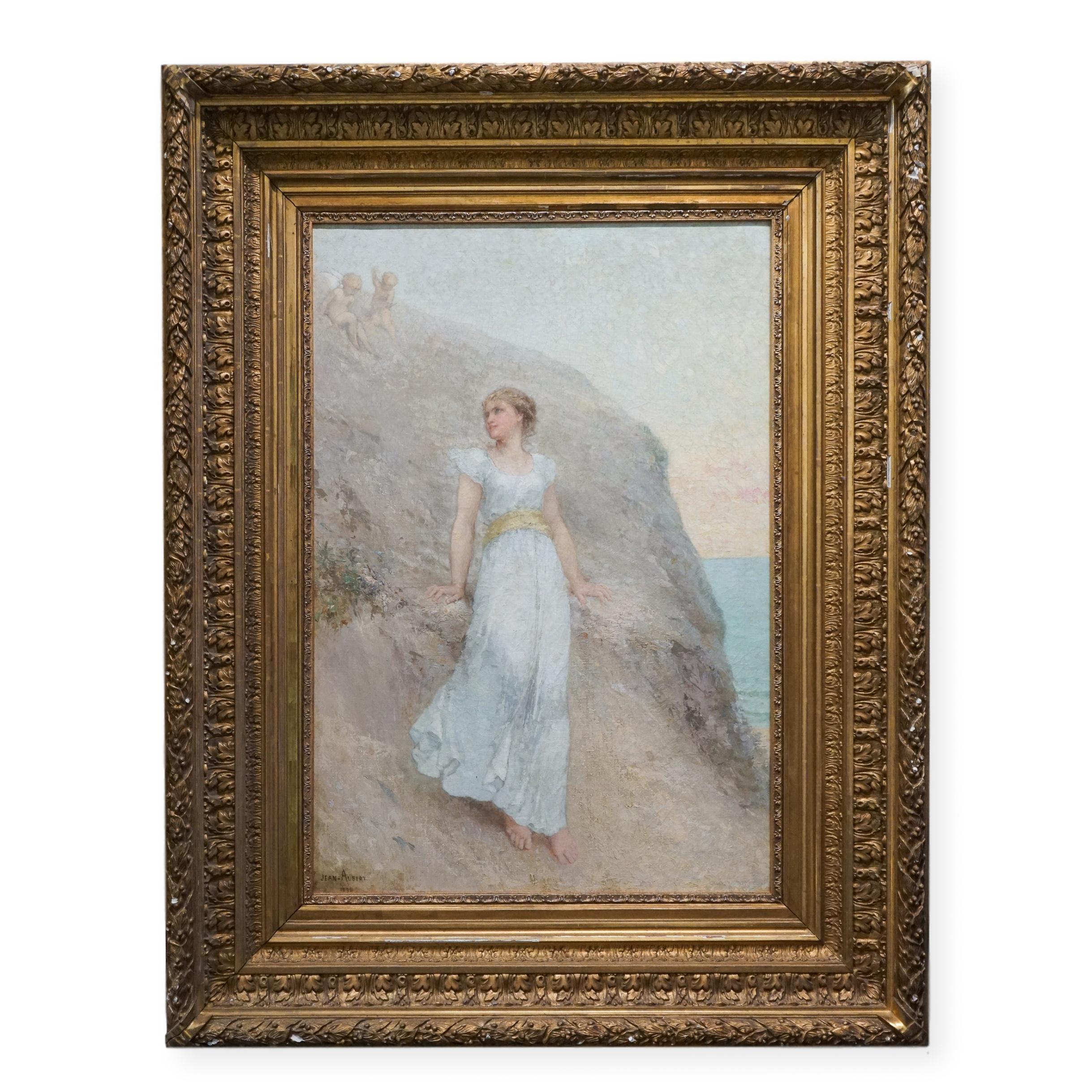 Jean Ernest Aubert Figurative Painting - Antique French Impressionist Girl w/ White Dress