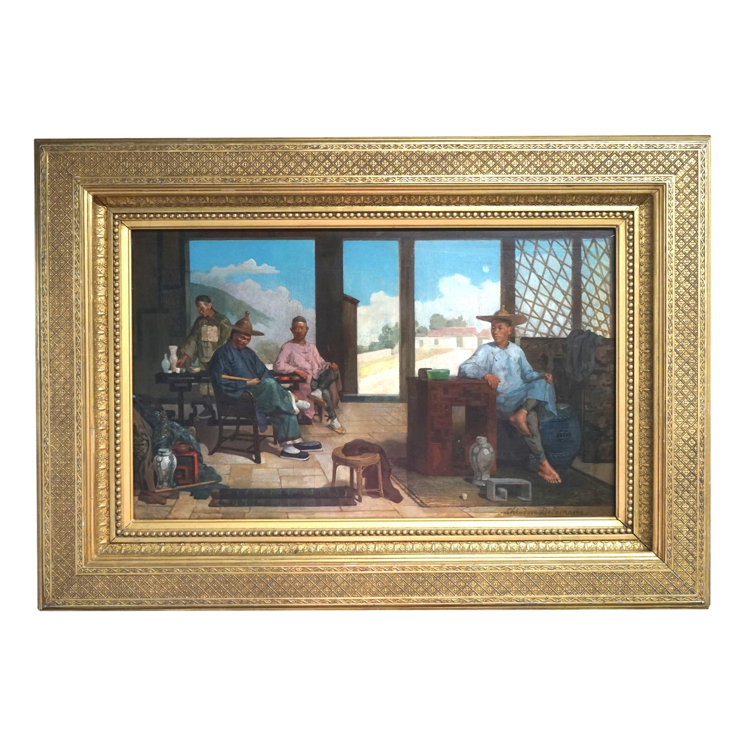 Theodore Didier Delamare Figurative Painting - Antique Chinoiserie Chinese China Trade Painting of Men Trading Porcelain